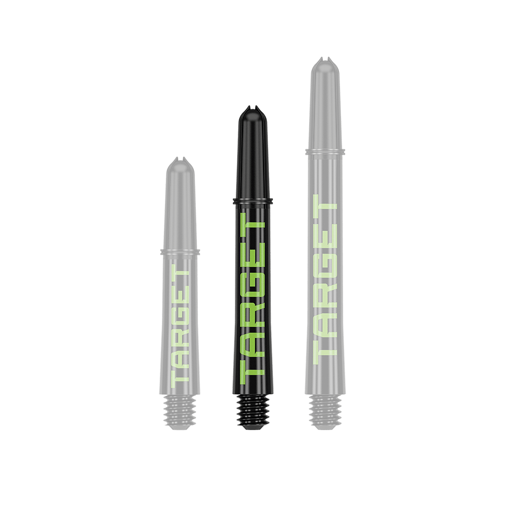 Target Pro Grip TAG Shafts - 3 Sets - Zwart Groen Auf dem Bild sind drei schwarze Dartschäfte in verschiedenen Längen zu sehen. Auf jedem Schaft steht das Wort "TARGET" in grüner Schrift.