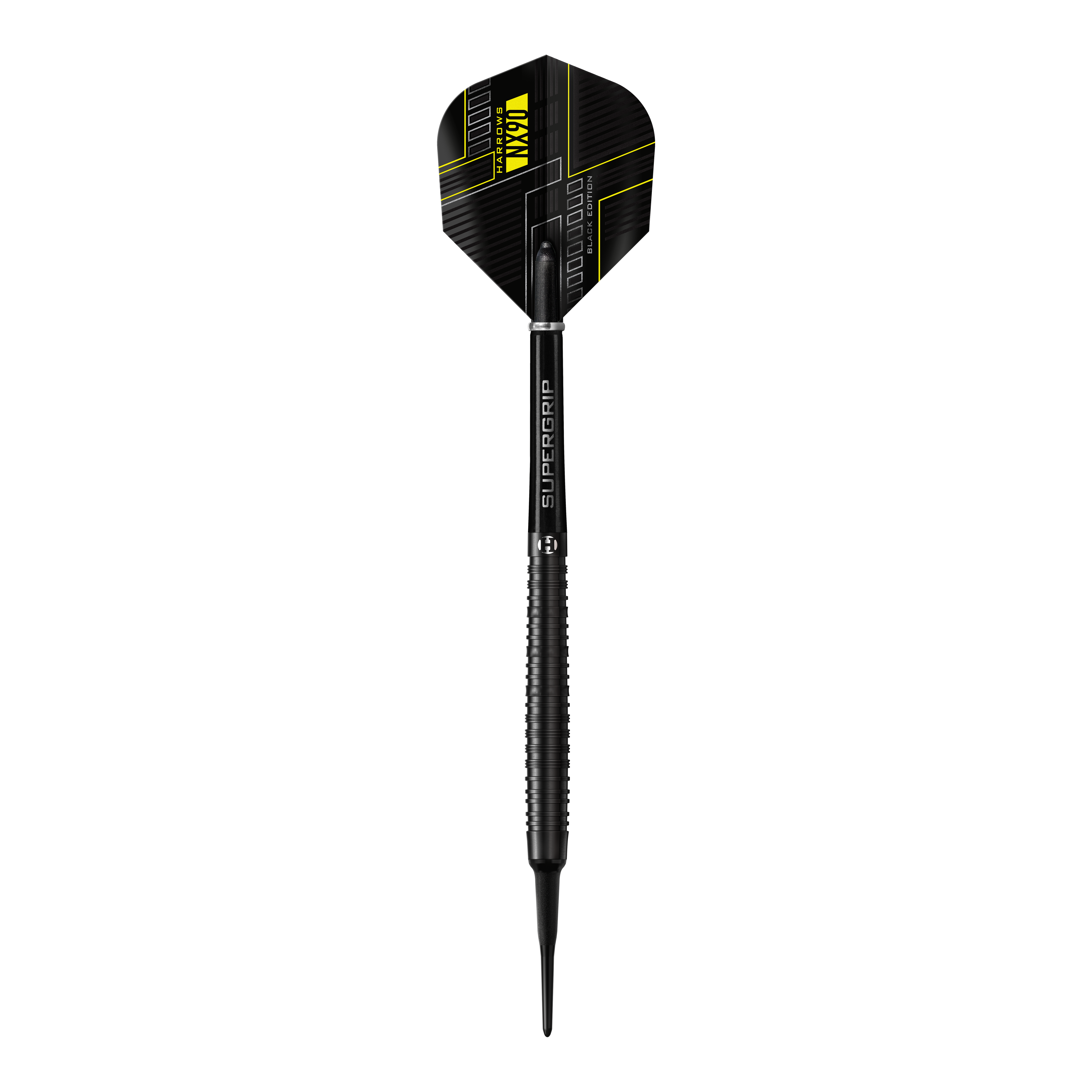 Harrows NX90 Black Edition zachte darts Das Bild zeigt einen Harrows NX90 Black-Edition Softdart. Der Dart ist schwarz mit gelben Akzenten und hat ein modernes, technisches Design.