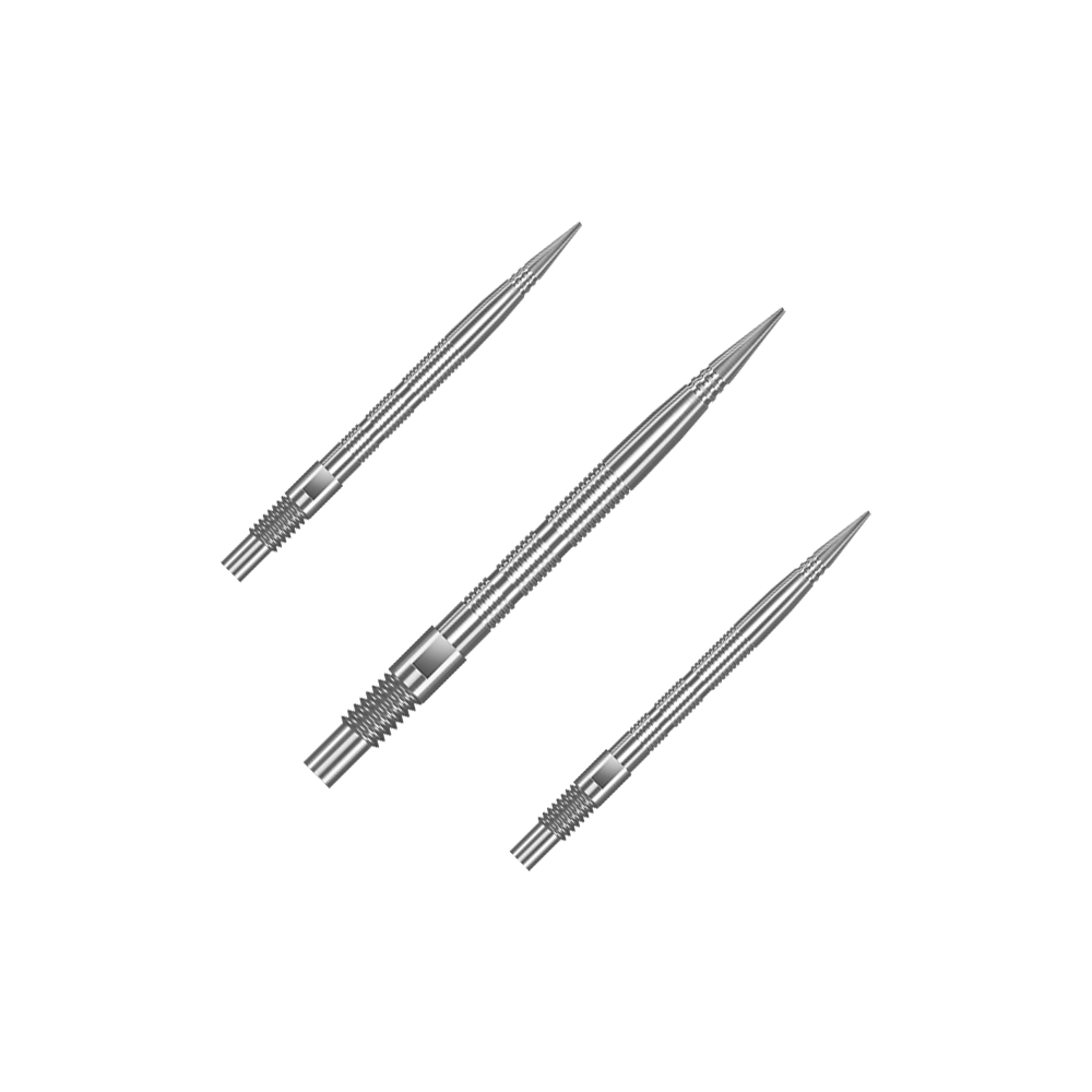 Harrows Quick Point Micro Ridge Dart Tips - Zilver Eine Verpackung mit mehreren Harrows Quick Point MicroRidge Dartspitzen in Silber mit 26 mm Länge ist abgebildet. Die Dartspitzen sind zur besseren Ansicht gruppiert.