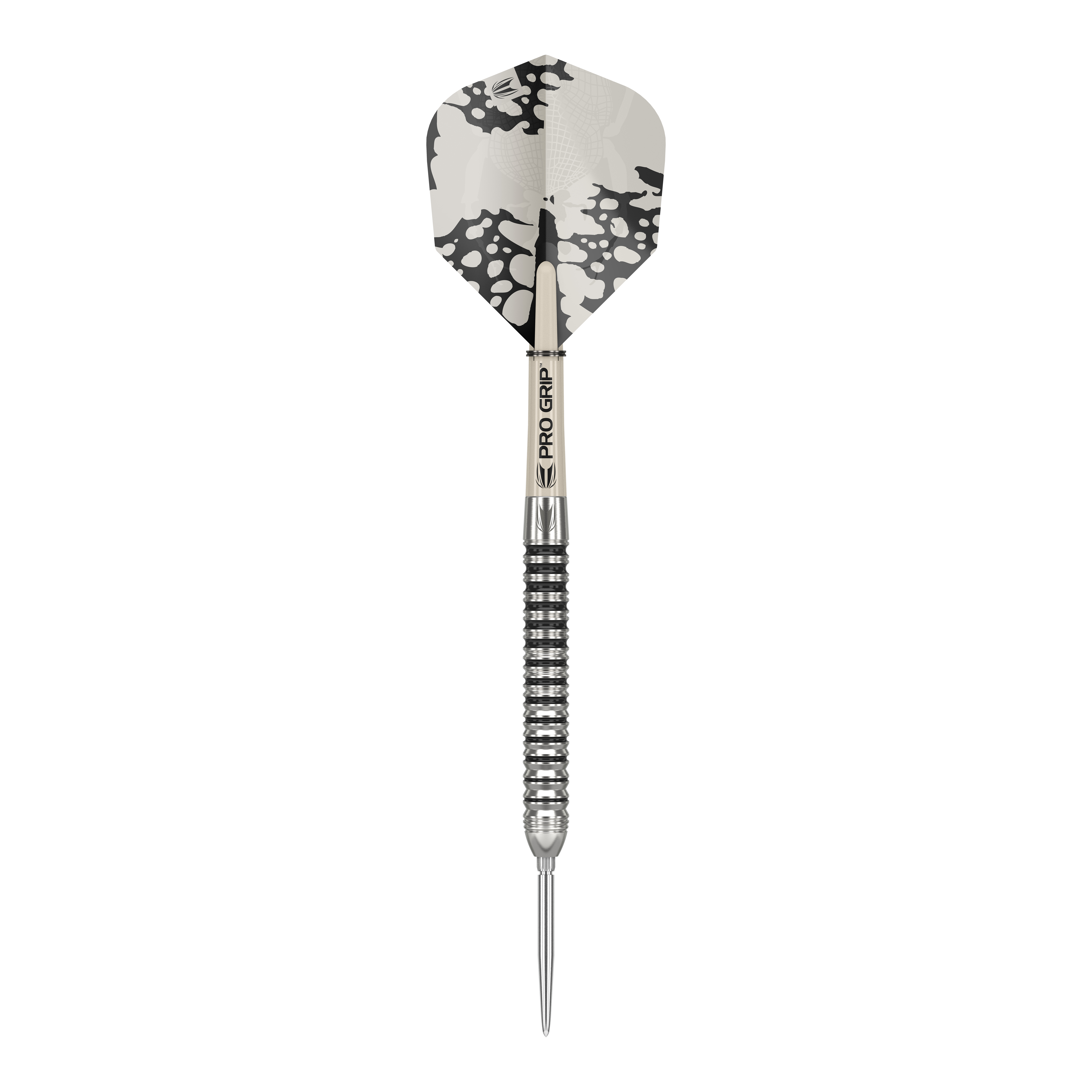 Target EXO SP01 Swiss Point stalen dartpijlen Das Bild zeigt einen Target EXO SP01 Swiss Point Steeldart. Der Dartpfeil hat ein schwarz-silbernes Design mit einer auffälligen schwarz-weißen Flight.