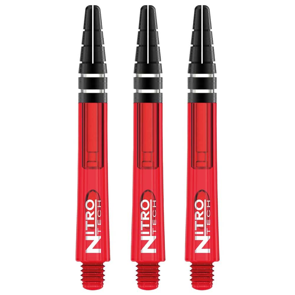 Das Bild zeigt drei rote RedDragon Nitrotech Shafts für Dartpfeile. Auf jedem Schaft steht in weißen Buchstaben "NITRO TECH".