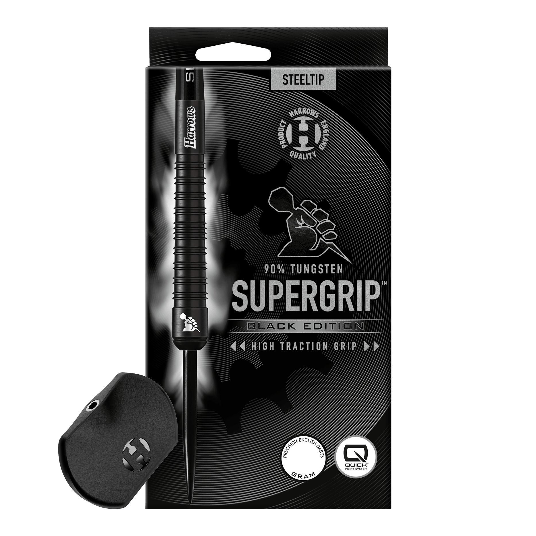 Harrows Supergrip 90 Black Edition Quick Point Steeldarts sind schwarze Steeldarts mit auffälligem Design. Sie sind ideal für präzises und professionelles Dartspiel.