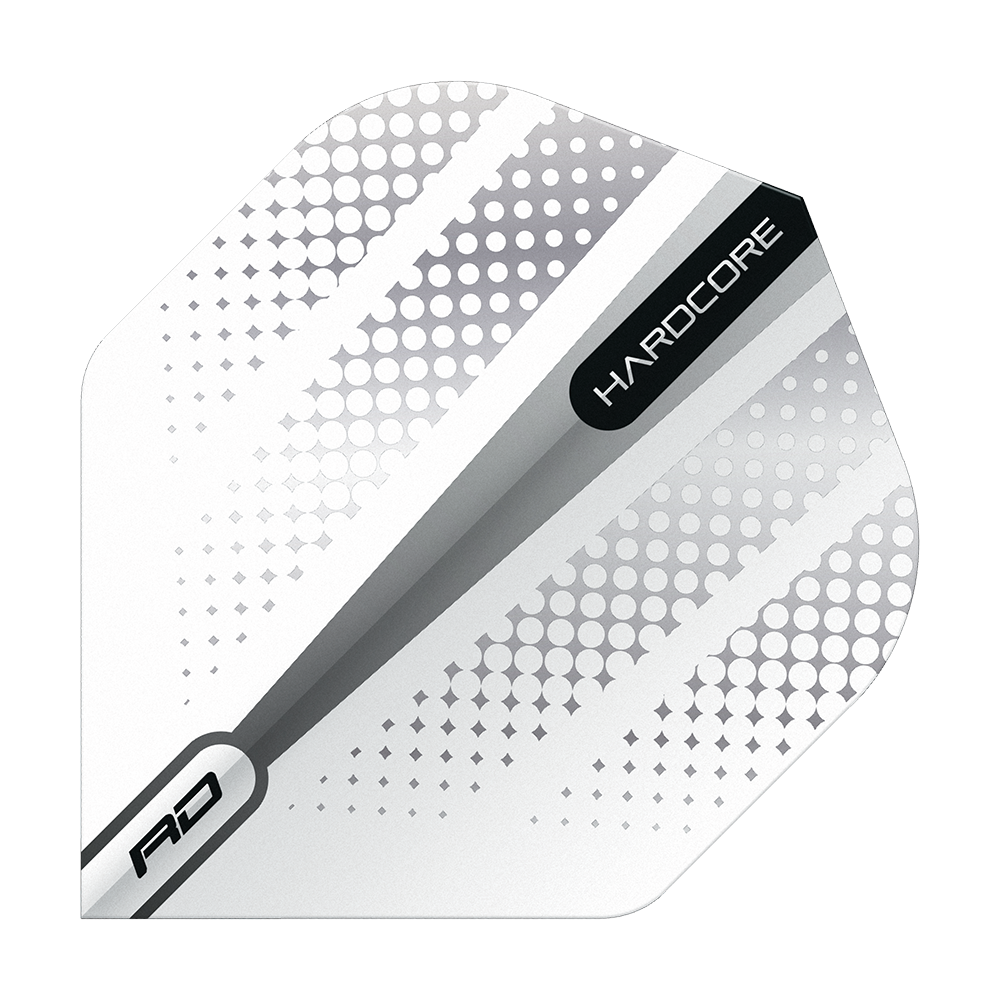 TF6506_Red_Dragon_Hardcore_Radical_Silver_Flash_Standard_Flights_1QEnlST553bTUF Das Bild zeigt einen Red Dragon Hardcore Radical Silver Flash Standard Flight für Darts. Das Design ist überwiegend weiß mit silbernen und grauen Punkten sowie den Aufschriften "HARDCORE" und "RD".