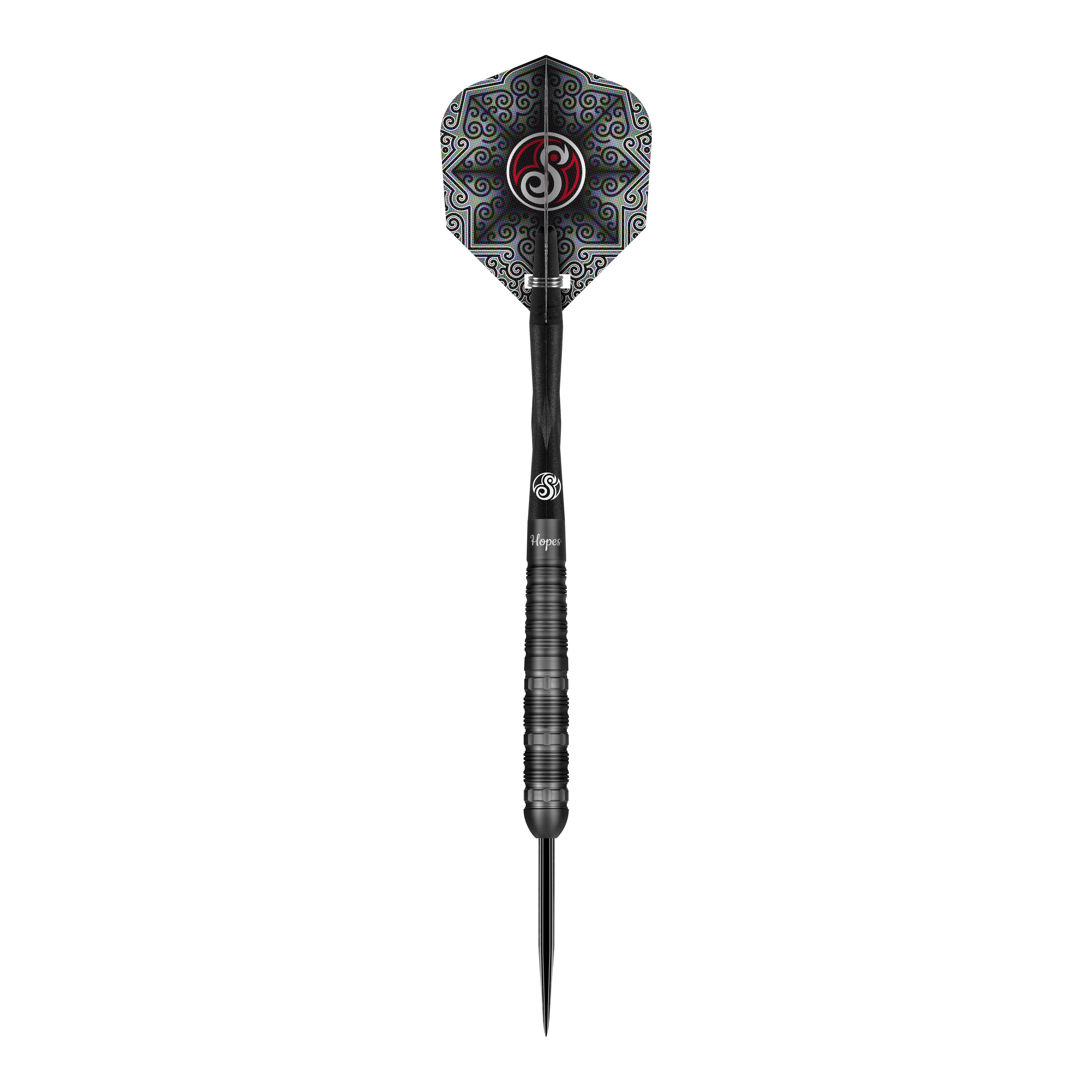 Shot Pro-Series Haupai Puha 2 stalen darts - 24g Das Bild zeigt einen Shot Pro-Series Haupai Puha 2 Steeldart mit einem Gewicht von 24g. Der Dart ist schwarz und hat ein auffälliges, gemustertes Flight-Design.