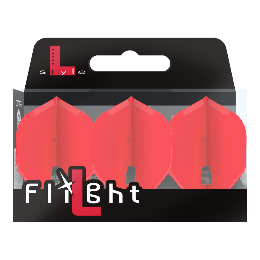 L-Style Champagne L1PRO Flights Auf dem Bild ist eine Verpackung mit drei roten Dartflights zu sehen. Die Marke „L-Style“ und der Schriftzug „Flight“ stehen auf der Vorderseite der Packung.