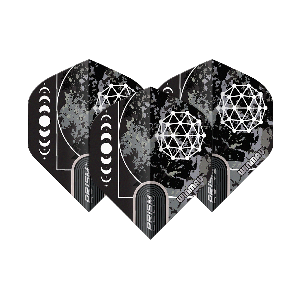 Winmau Prism Delta Callisto No2 Standaardvluchten Das Bild zeigt die Winmau Prism Delta Callisto No2 Standard Flights. Sie sind schwarz mit einem geometrischen weißen Muster und einer Mondphasen-Grafik gestaltet.