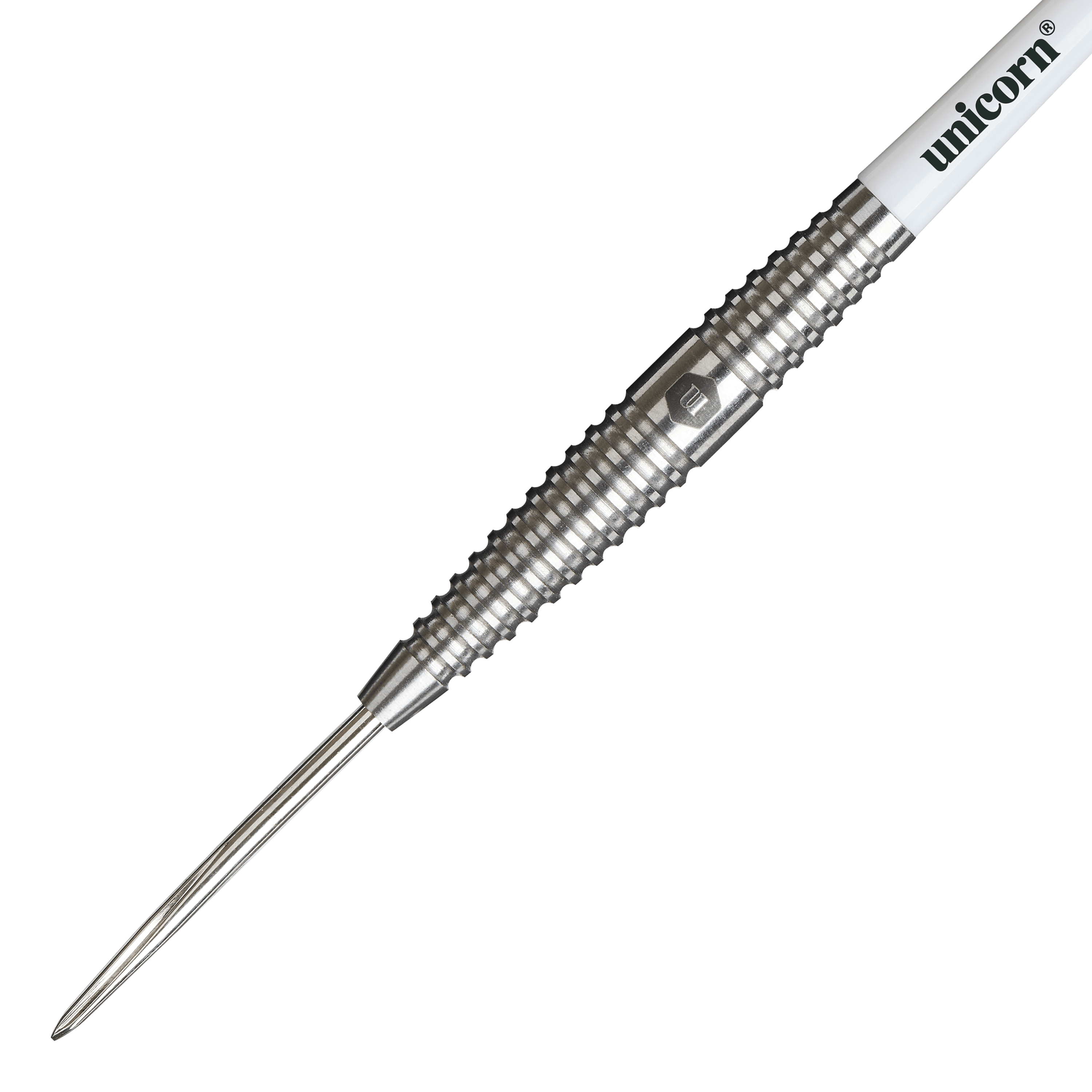 Unicorn Contender Benjamin Drue Reus Steeldarts - 24g Das Bild zeigt einen silbernen Steeldart mit dem Namen "Unicorn Contender Benjamin Drue Reus - 24g". Auf dem Schaft ist deutlich der Markenname "unicorn" zu sehen.