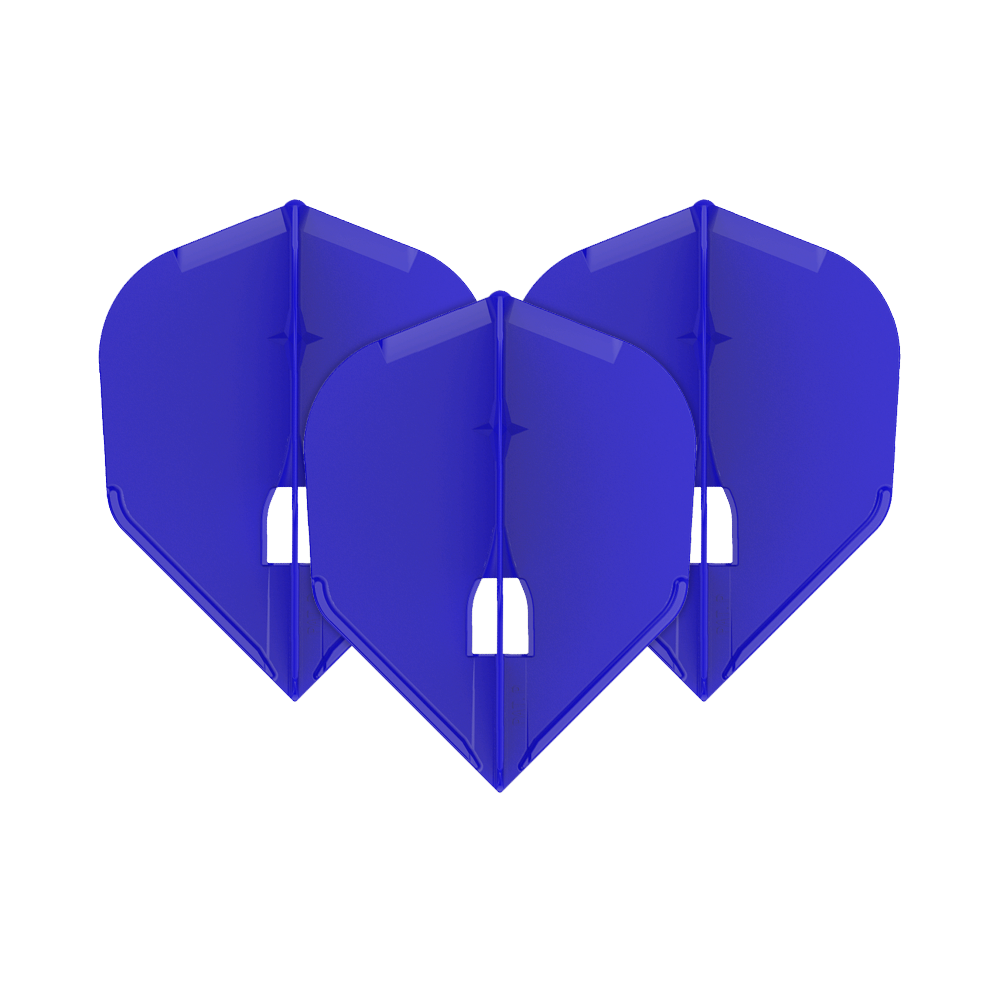 L-Style Champagne L3PRO Shape Flights Auf dem Bild sind drei blaue Dart-Flights zu sehen. Sie sind nebeneinander angeordnet und haben eine standardisierte, breite Form.
