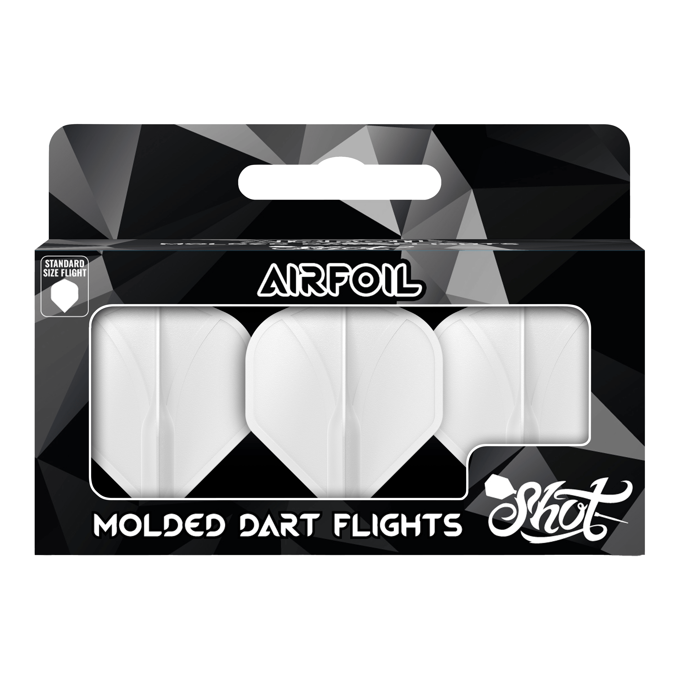 Shot Airfoil Molded No2 Standaard Vluchten Die Verpackung zeigt drei weiße, geformte Dart-Flights der Marke Shot. Auf der Vorderseite steht „Airfoil – Molded Dart Flights“ in großen Buchstaben.