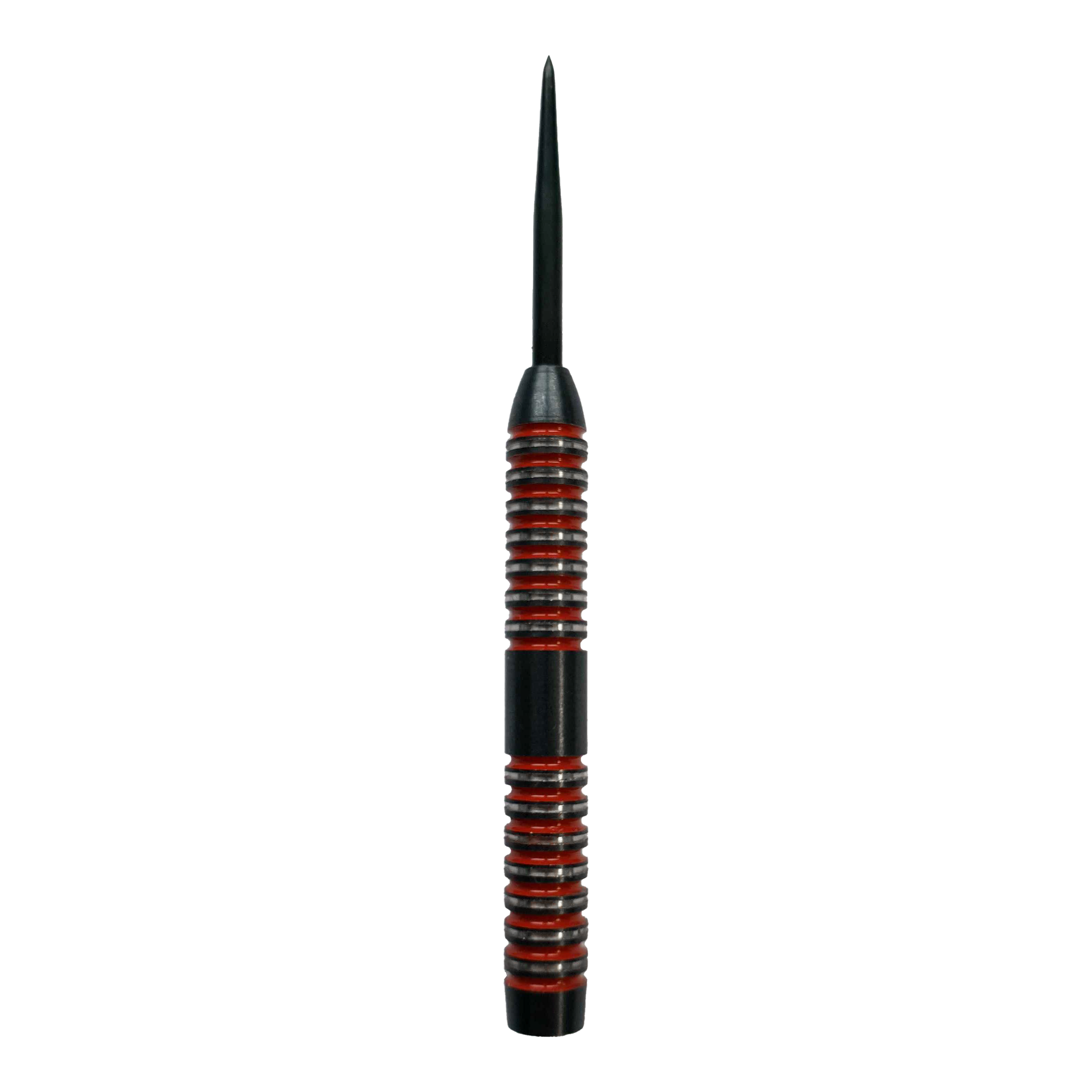 McDart Crimson Steeldart-vaten Das Bild zeigt einen McDart Crimson Steeldart Barrel mit schwarzem und rotem Design. Der Barrel hat eine gerillte Oberfläche für besseren Halt.