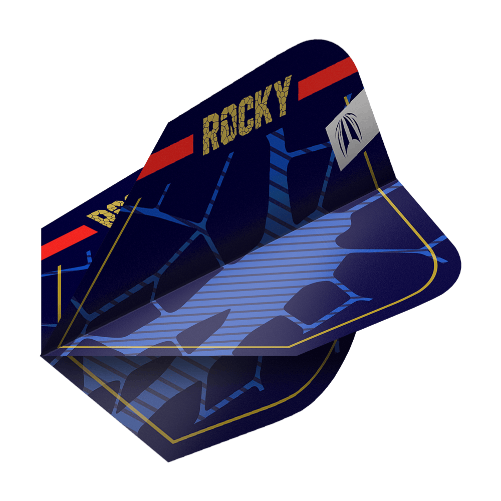 Target Pro Ultra Josh Rock GEN1 Ten-X vluchten - 3 sets Das Bild zeigt ein Set von blauen Dart-Flights mit dem Aufdruck "ROCKY" in goldener Schrift. Die Flights haben ein modernes Design mit blauen Linien und einem roten Streifen am oberen Rand.