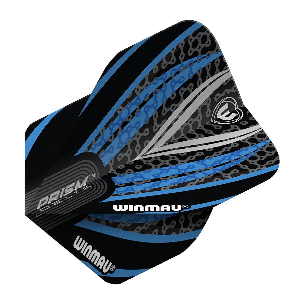 Winmau Prism Delta Zwart Wit Blauw Nr. 2 Standaardvluchten Das Bild zeigt ein Winmau Prism Delta Standard Dartflight in den Farben Schwarz, Weiß und Blau. Das Flight hat ein modernes, grafisches Design mit dem Winmau-Logo und auffälligen Mustern.
