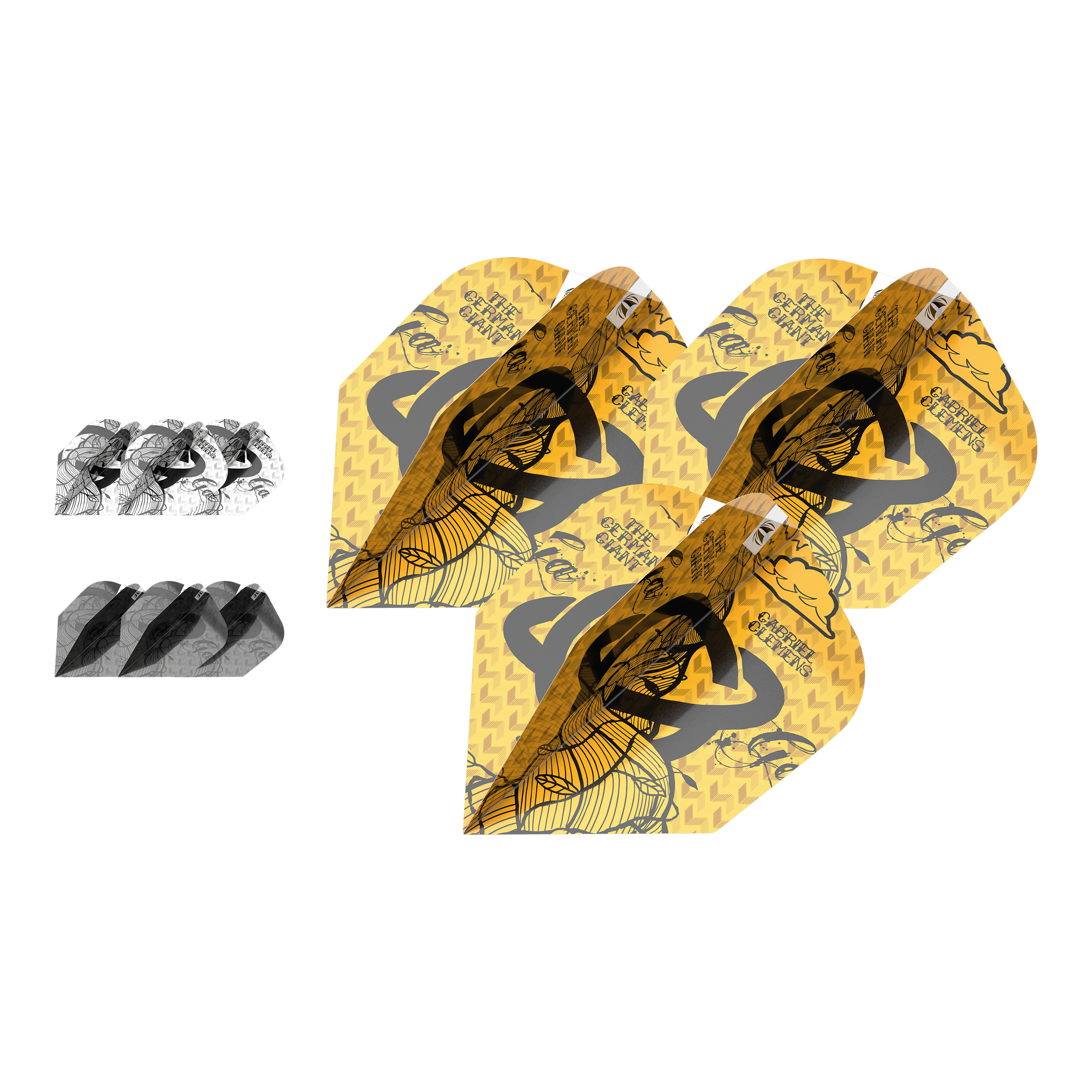 Target Inktbundel 3 sets Gabriel Clemens No6 Flights Das Bild zeigt drei Sets Dart-Flights aus dem "Target Ink Bundle 3 Sets Gabriel Clemens No6 Flights". Zwei Sets sind in Schwarz-Weiß und ein Set ist gelb mit einem besonderen Design.