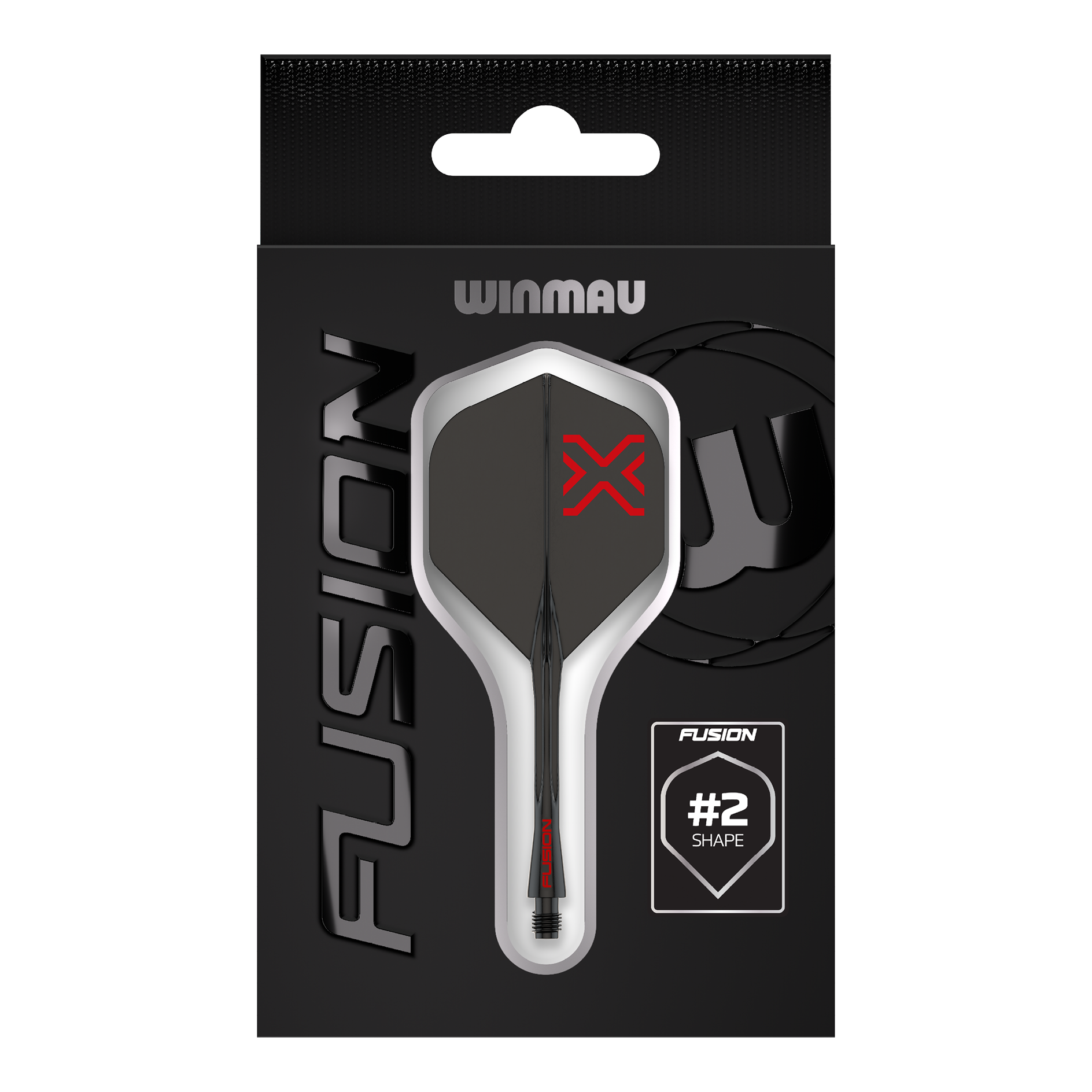Das Bild zeigt das Winmau Fusion Blade X No2 Standard Flight-Shaft-System in Schwarz. Es verbindet ein Flight mit einem Schaft in elegantem, schwarzem Design.