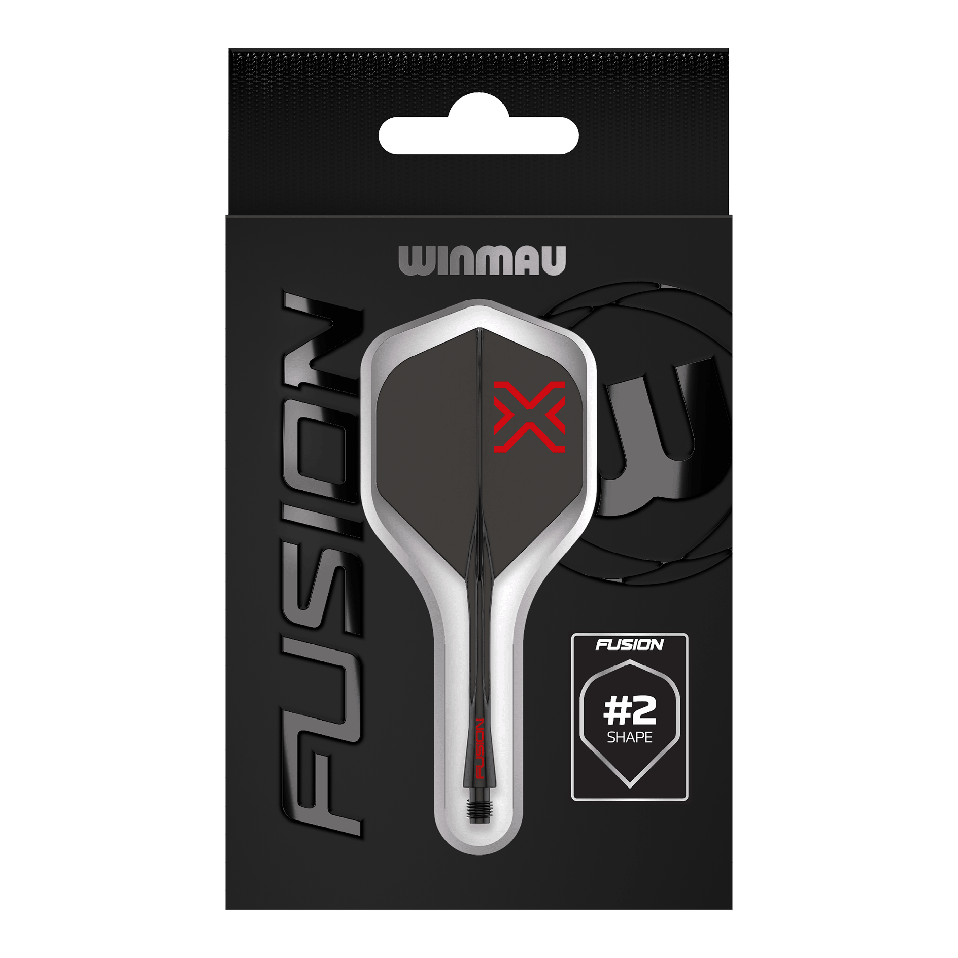 Winmau Fusion Blade X No2 standaard flight shaft systeem - zwart Das Bild zeigt das Winmau Fusion Blade X No2 Standard Flight-Shaft-System in Schwarz. Es verbindet ein Flight mit einem Schaft in elegantem, schwarzem Design.