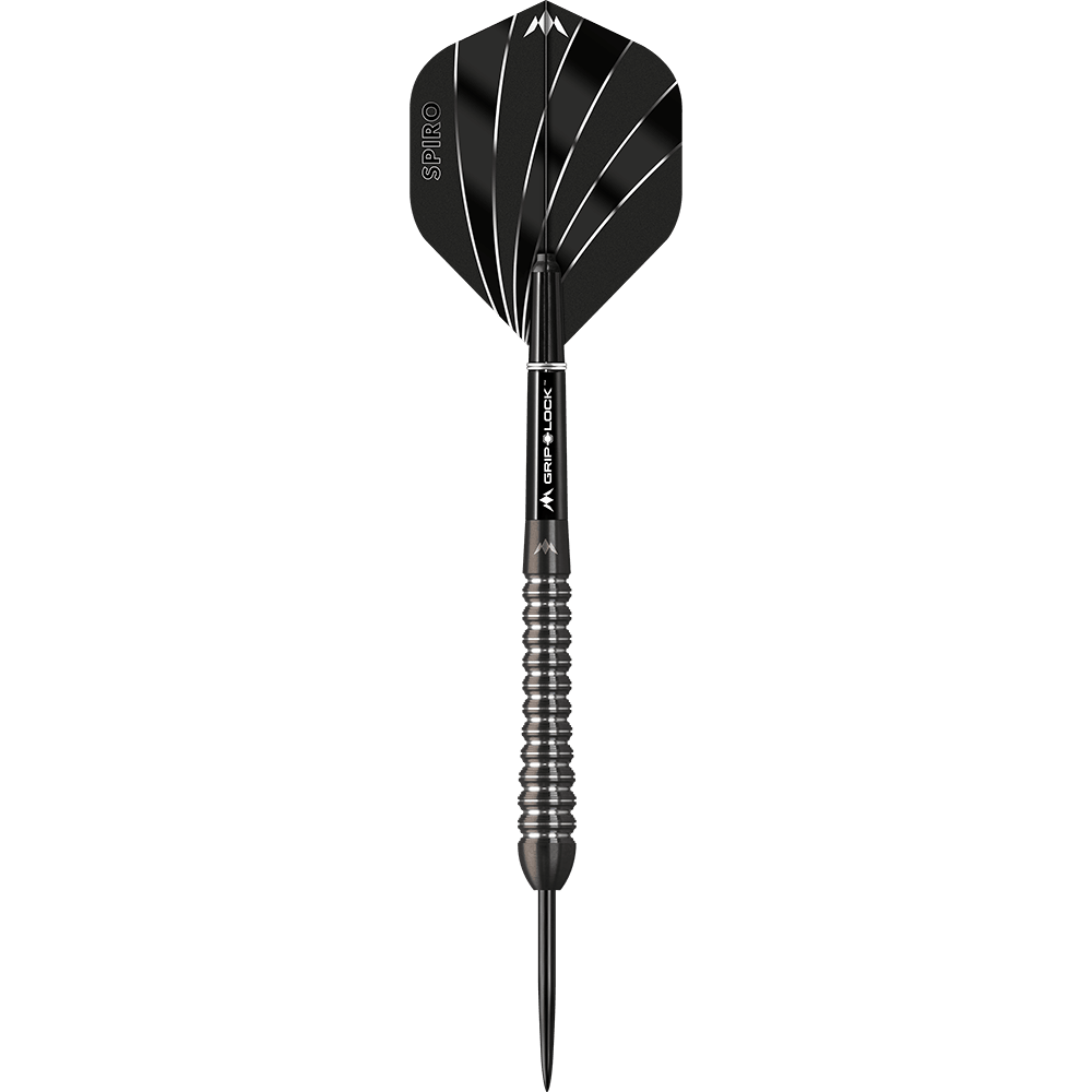 Mission Spiro Model 2 stalen darts - 22g Dies ist ein Mission Spiro Model 2 Steeldart mit einem Gewicht von 22 Gramm. Der Dart hat ein modernes Design mit schwarzen und silbernen Akzenten.