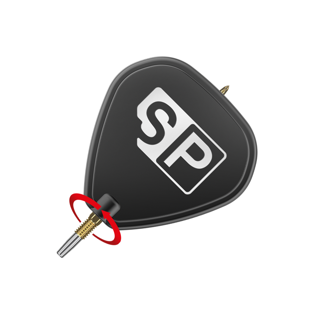 Target Swiss Point DX darttips - goud Das Bild zeigt eine schwarze Dartspitze mit der Aufschrift "SP" in weißen Buchstaben. Ein roter Pfeil deutet auf eine Drehbewegung an der goldenen Spitze hin.