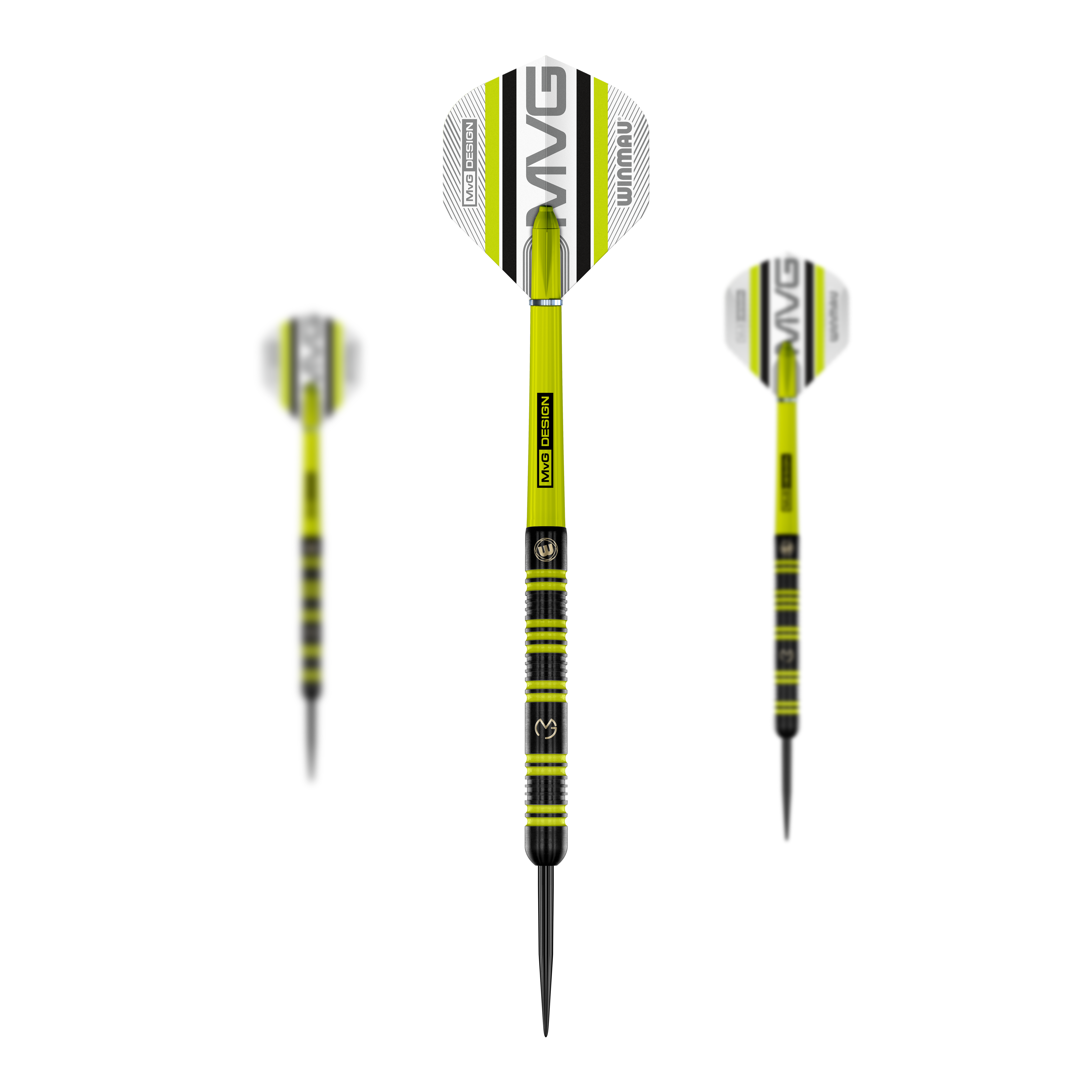Winmau Michael Van Gerwen 85 Pro-Series stalen dartpijlen Das Bild zeigt drei Winmau Michael Van Gerwen 85 Pro-Series Steeldarts. Die Darts sind schwarz-gelb gestaltet und haben Flights mit dem Schriftzug "MVG" und "Winmau".
