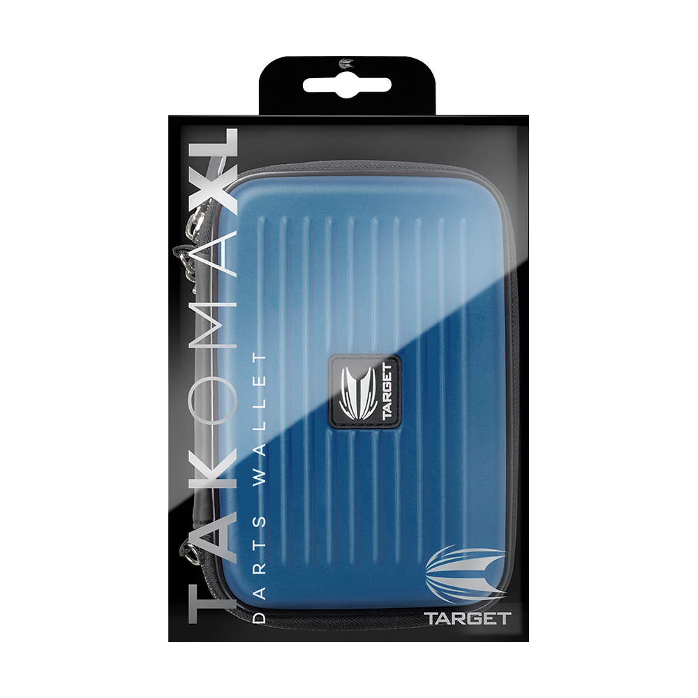 125829_Target_Takoma_XL_Dartwallet_Blau_3 Das Bild zeigt das Produkt "Target Takoma XL Dartwallet" in einer Verpackung. Das Dartwallet ist blau und hat ein modernes Design mit Rillen auf der Oberfläche.