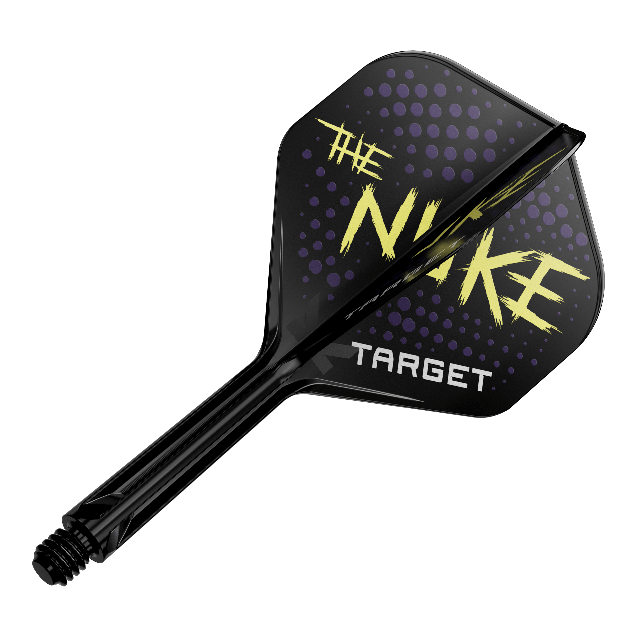 Target K-Flex Luke Littler Black No2 Standaard Vluchtsysteem Das Bild zeigt einen schwarzen Dartflight mit dem Schriftzug "THE NUKE" und "TARGET" darauf. Der Hintergrund des Flights ist mit lila Punkten verziert.