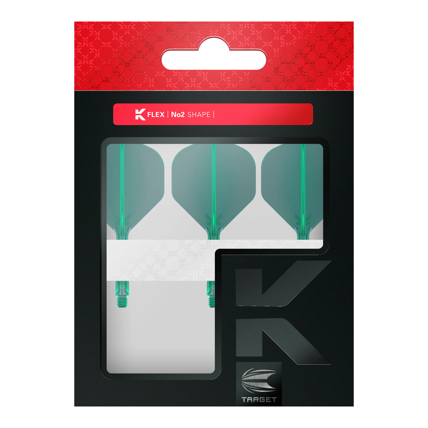 Target K-Flex No2 Standaard Vluchtsysteem - Groen Dies ist eine Packung mit drei grünen Dartflights der Marke Target. Die Verpackung ist schwarz mit einem roten oberen Rand und einem Sichtfenster.