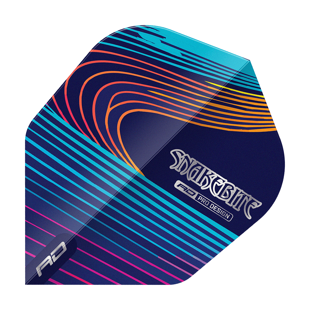 Red Dragon Peter Wright Snakebite Multi No6 Vluchten Das Bild zeigt einen bunten Dartflight mit geschwungenen Linien in Blau, Lila, Orange und Gelb. Auf dem Flight steht der Schriftzug "Snakebite" sowie "RD Pro Design".