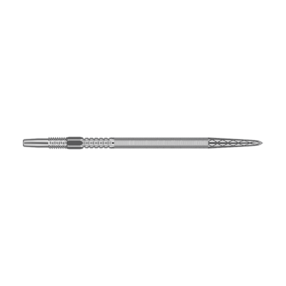 Target Swiss Point DX darttips - Zilver Das Bild zeigt eine silberne Dartspitze mit feinen Rillen und Muster. Die Spitze ist lang und schmal gestaltet.