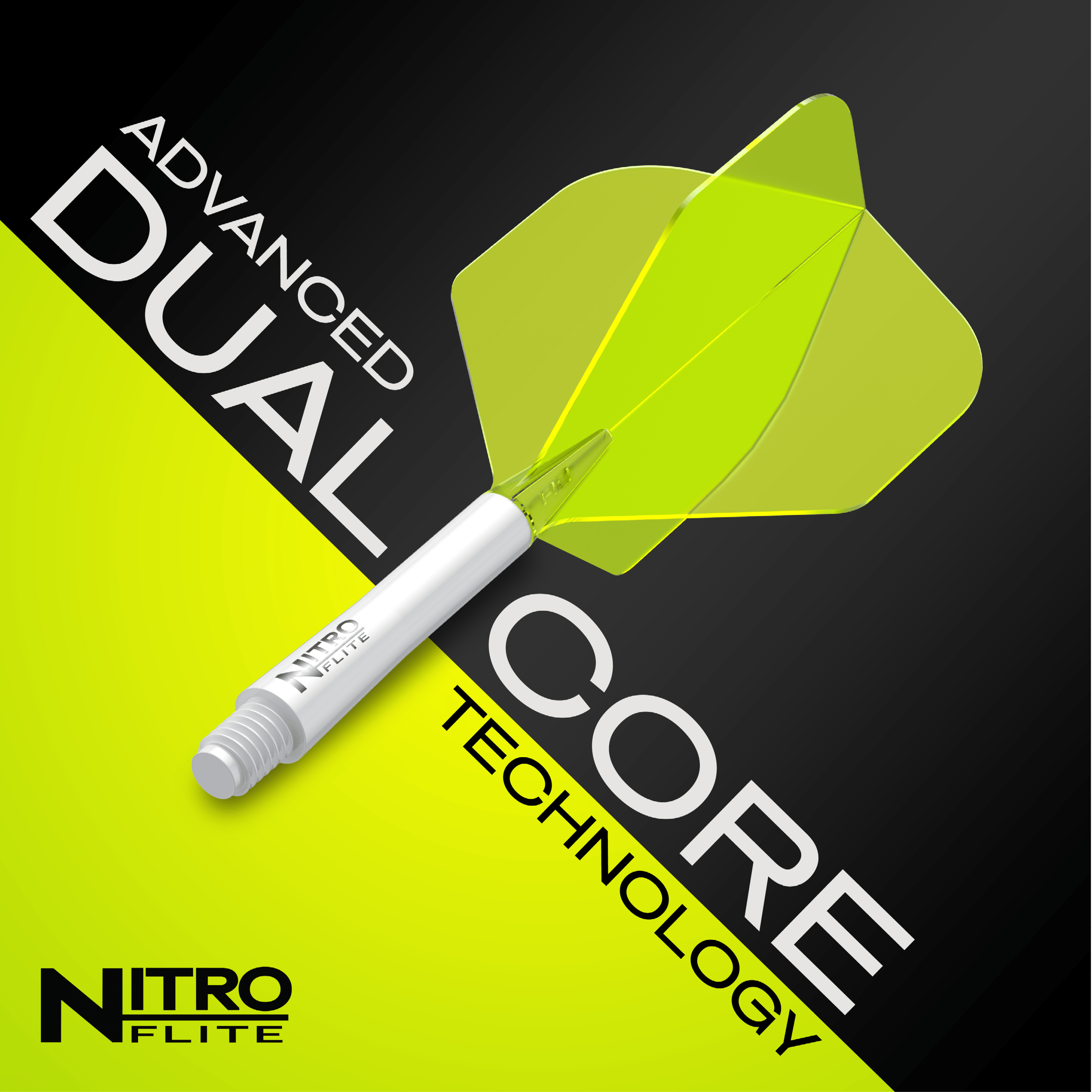 Red Dragon Nitroflite - Witte Schacht Geel No2 Vluchten Das Bild zeigt das Produkt "Red Dragon Nitroflite - White Shaft Yellow No2 Flights" mit einem weißen Schaft und gelben Flights. Im Hintergrund steht der Text "Advanced Dual Core Technology".