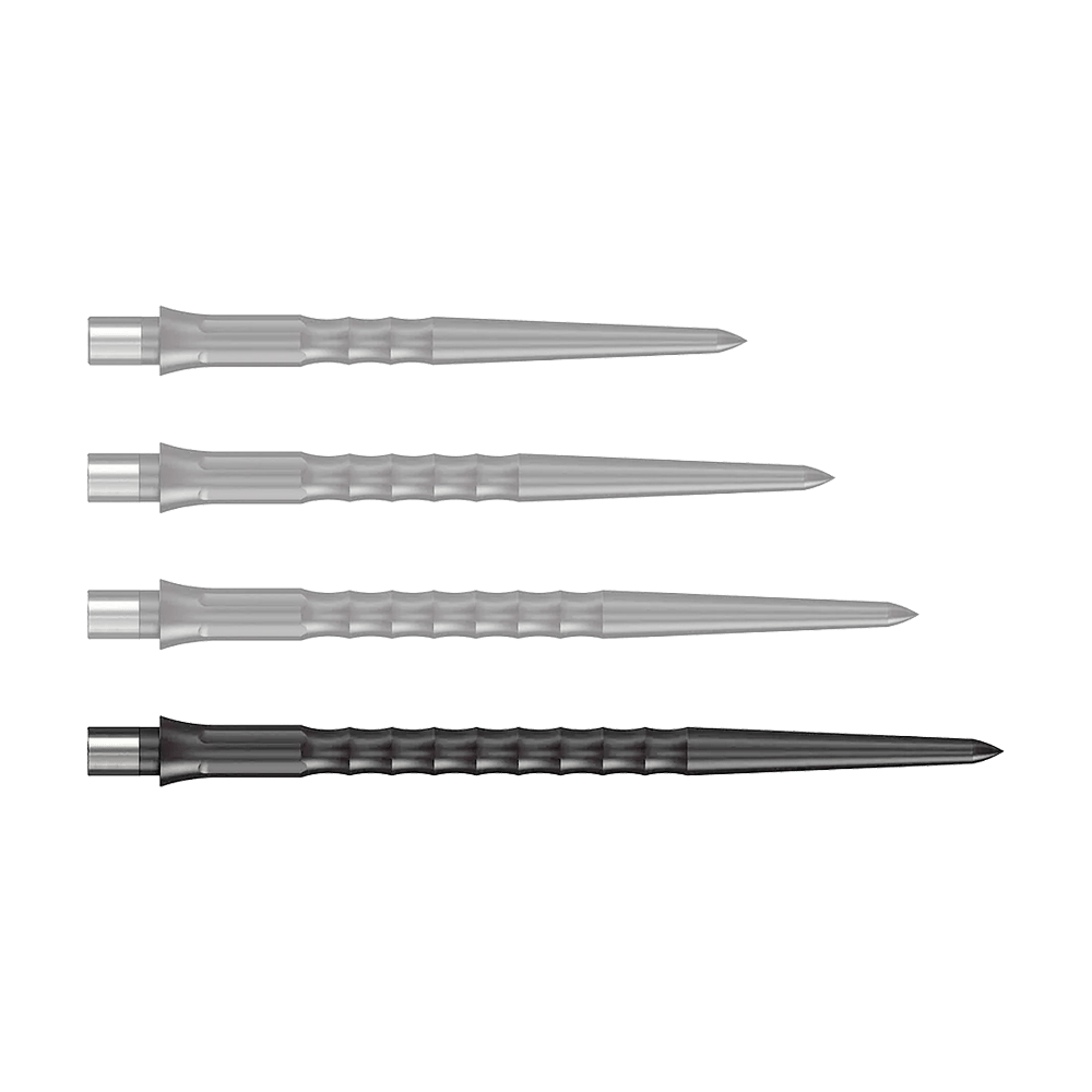Abgebildet sind schwarze Steeldartspitzen des Caliburn Evo Systems mit 40 mm Länge. Die Steeldartspitze ist einzeln auf weißem Hintergrund zu sehen.