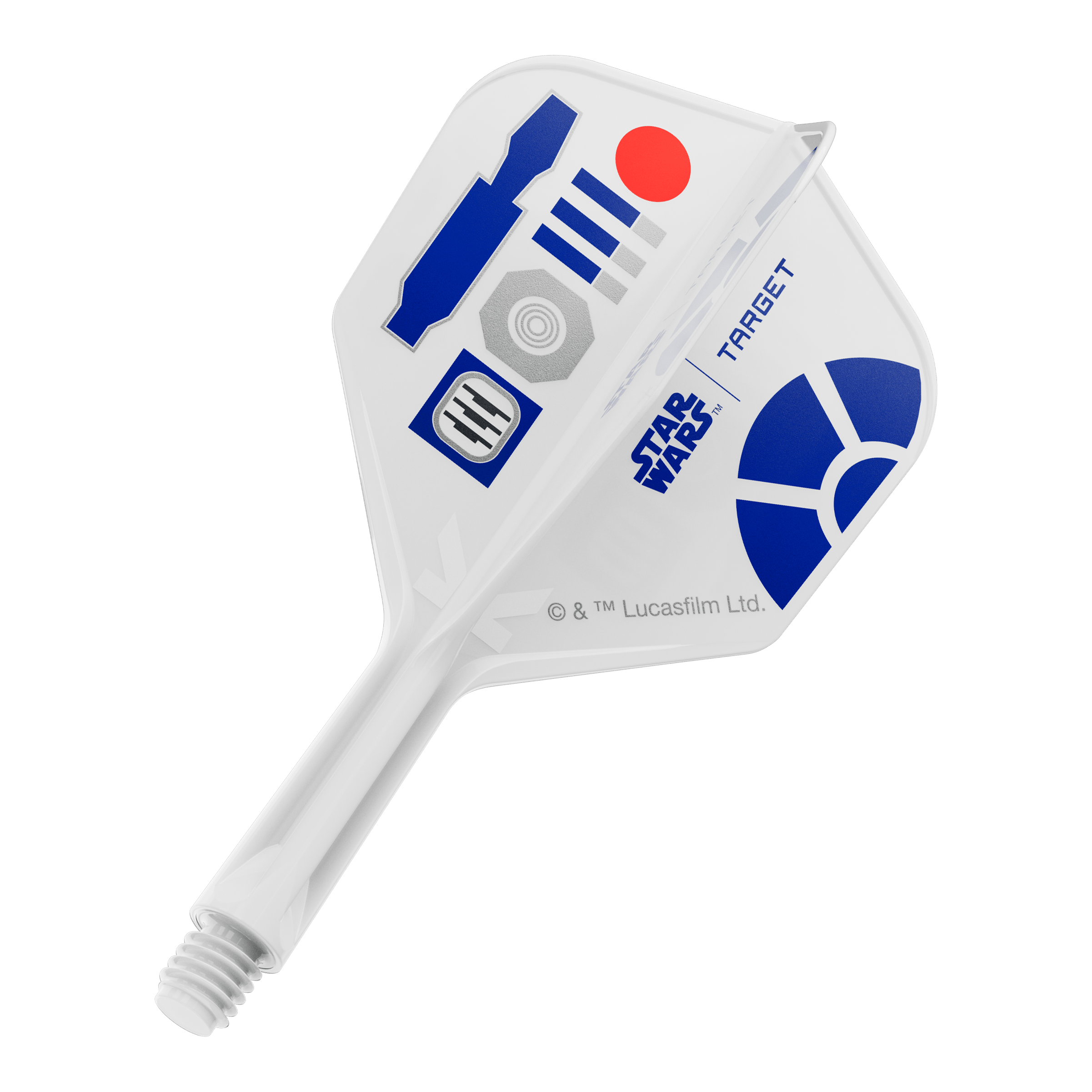Target Star Wars K-Flex R2D2 No6-vluchten Das Bild zeigt Dart-Flights mit einem R2D2 Motiv und der Bezeichnung 410510_Target_StarWars_KFlex_R2D2_No6_Flights_Short_19mm_1. Es handelt sich um kurze Dart-Flights im Star Wars Stil.