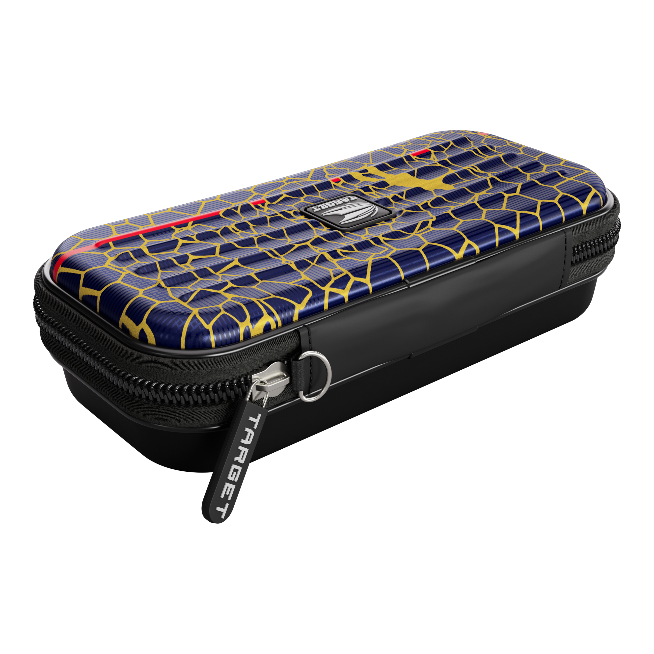 Target Takoma Josh Rock dartkoffer Das Bild zeigt ein Target Takoma Josh Rock Dartcase. Das Etui hat ein auffälliges Muster in Blau und Gelb mit einem schwarzen Reißverschluss.