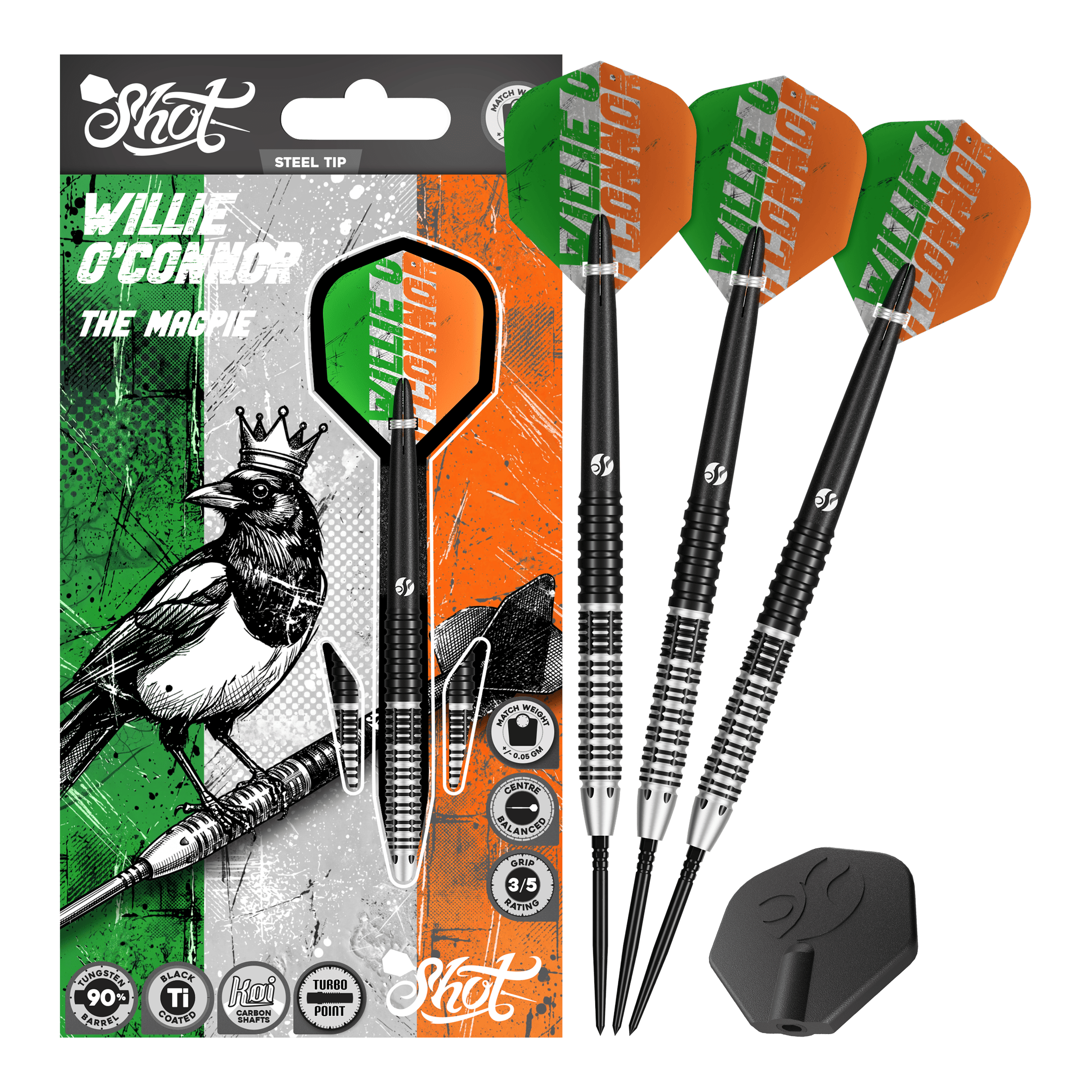 Shot Pro Series Willie O'Connor Magpie Turbo Point Steeldarts Das Bild zeigt mehrere Dartpfeile in einer seitlichen Ansicht. Die Pfeile sind ordentlich angeordnet.