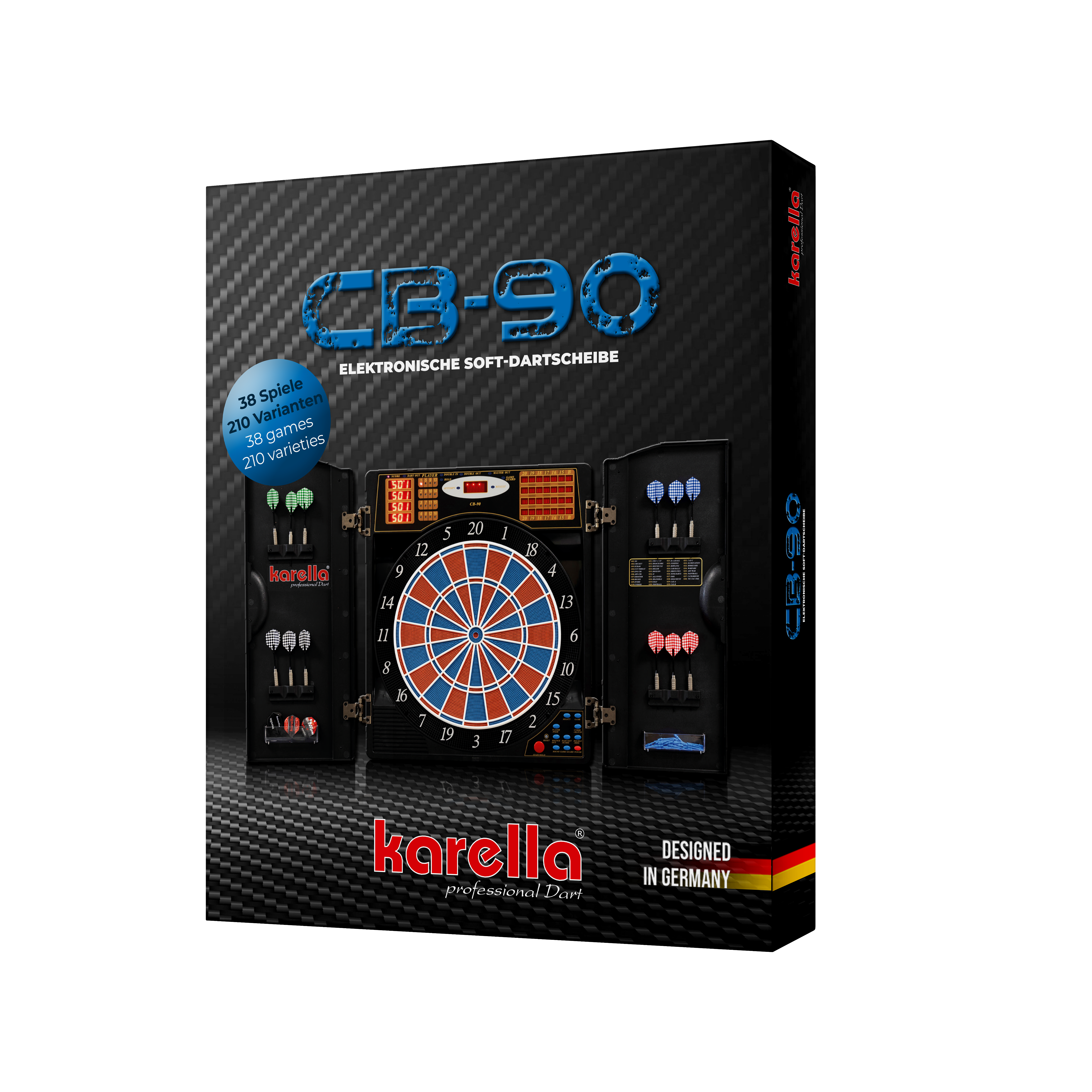 Elektronisch dartbord CB 90 toernooiversie Auf dem Bild ist die Verpackung einer elektronischen Dartscheibe "CB 90 Turnierausführung" von Karella zu sehen. Die Dartscheibe bietet 38 Spiele mit 210 Varianten und ist "Designed in Germany".