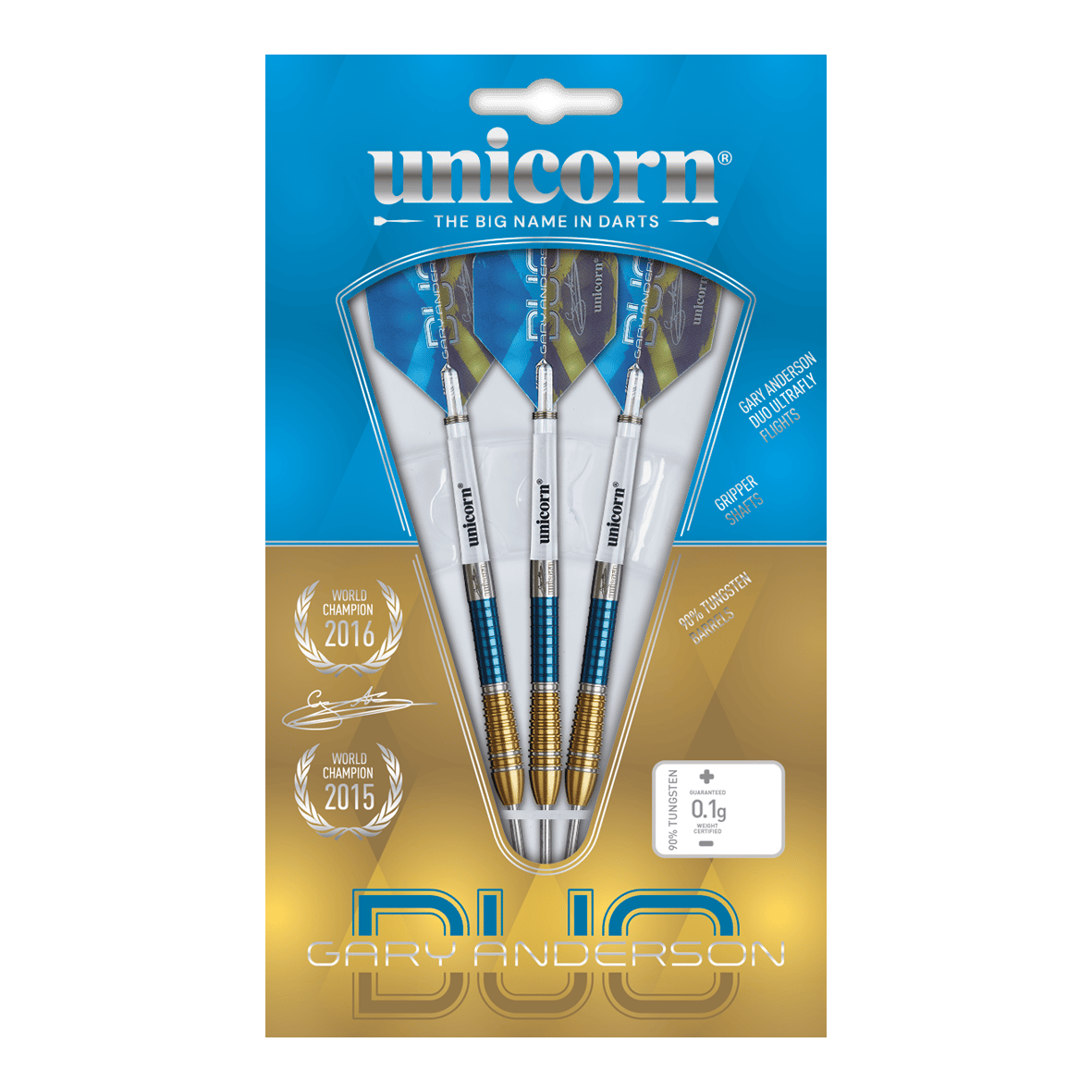 Unicorn Gary Anderson Duo Phase 6 Steeldarts Das Bild zeigt die "Unicorn Gary Anderson Duo Phase 6 Steeldarts" in ihrer Verpackung. Die Darts sind in Blau und Gold gestaltet und werden als Profi-Darts beworben.