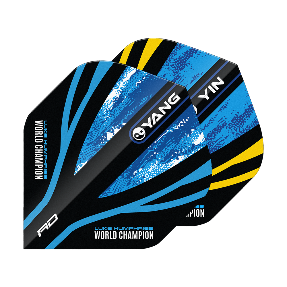 Rode Draak Luke Humphries Wereldkampioen Blauw Goud Yin Yang Standaardvluchten Das Bild zeigt die "Red Dragon Luke Humphries World Champion Blue Gold Yin Yang Standard Flights". Die Flights sind in Blau, Schwarz und Gelb gestaltet und tragen die Aufschrift "World Champion" sowie "YIN" und "YANG".