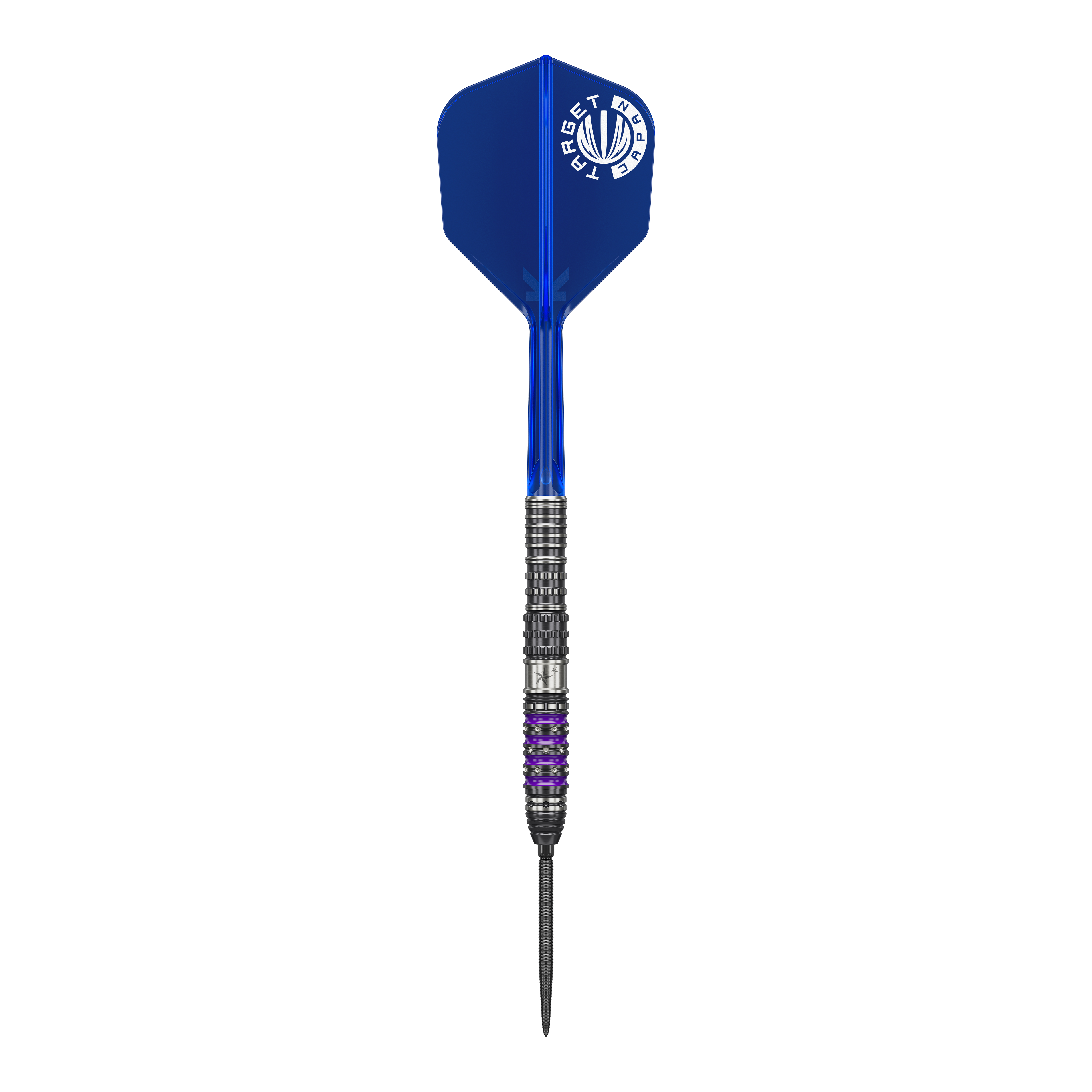 Das Bild zeigt einen Target Japan Prime Series Sirius GEN4 Swiss Point Steeldart. Der Dart hat eine blaue Flight mit weißem Logo und ein metallisches Barrel mit lilafarbenen Akzenten.