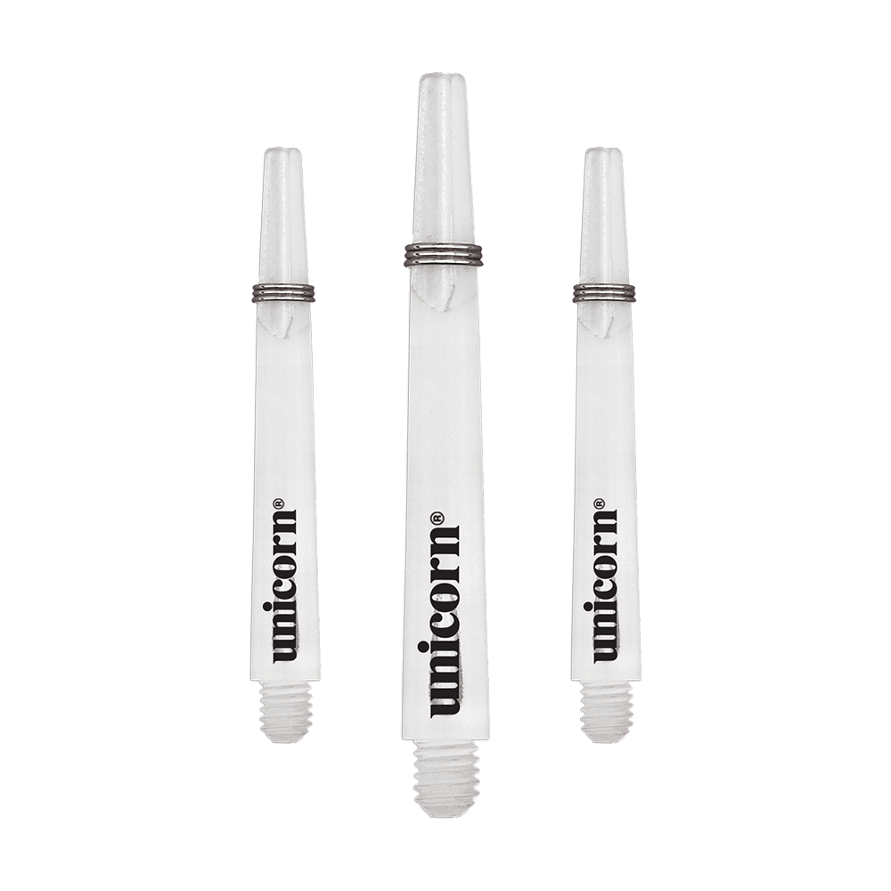 Unicorn Gripper 3 Mirage Shafts - Transparant - 44,2 mm Das Bild zeigt drei transparente Unicorn Gripper 3 Mirage Shafts mit einer Länge von 44,2 mm. Auf jedem Schaft steht das Wort "unicorn" in schwarzer Schrift.