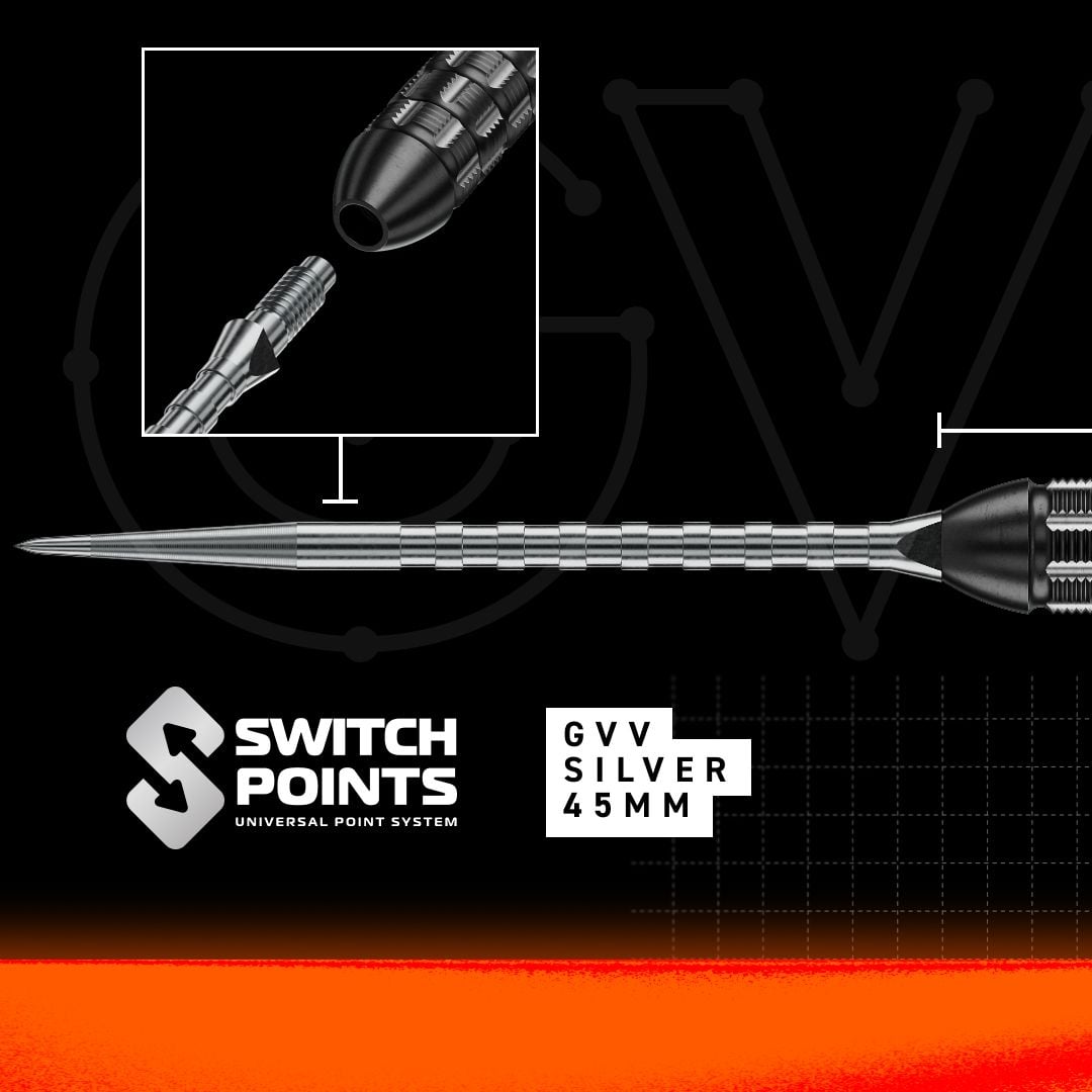 Winmau Gian Van Veen TS-PRO Schakelpunt Steeldarts Das Bild zeigt die Winmau Gian Van Veen TS-PRO Switch Point Steeldarts. Die Darts liegen parallel zueinander und sind komplett zu sehen.