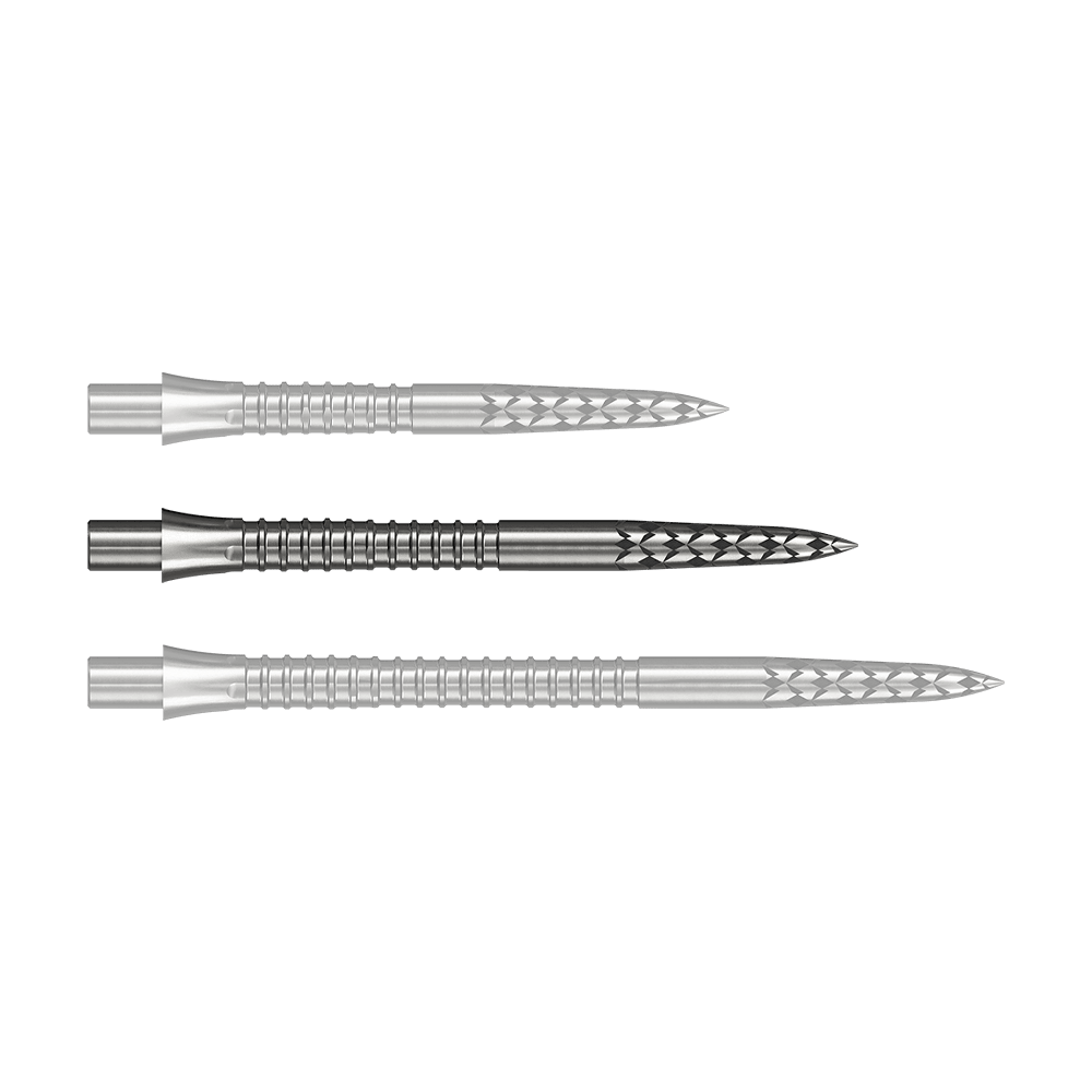 Dieses Bild zeigt eine Steeldartspitze in Silber mit 32 mm Länge. Es stammt aus der Datei M002128_Missoin_Caliburn_EVO_GV-Logo_Steeldartspitzen_Silber_32mm_1.