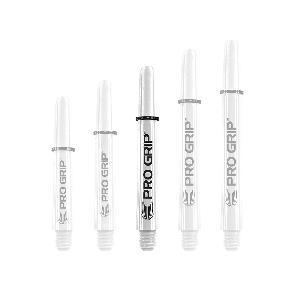 Target Pro Grip Shafts - 3 sets - Wit Das Bild zeigt fünf weiße Dartschäfte mit der Aufschrift "PRO GRIP". Sie sind in einer Reihe nach ihrer Länge sortiert.