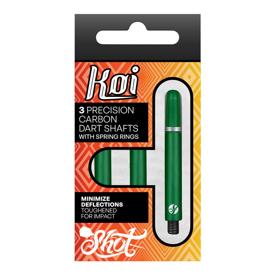 Shot Koi Carbon Shafts - Groen Die Verpackung zeigt drei grüne Präzisions-Carbon-Dartschäfte mit Federringen der Marke Koi. Sie sind darauf ausgelegt, Ablenkungen zu minimieren und sind für hohe Belastungen verstärkt.