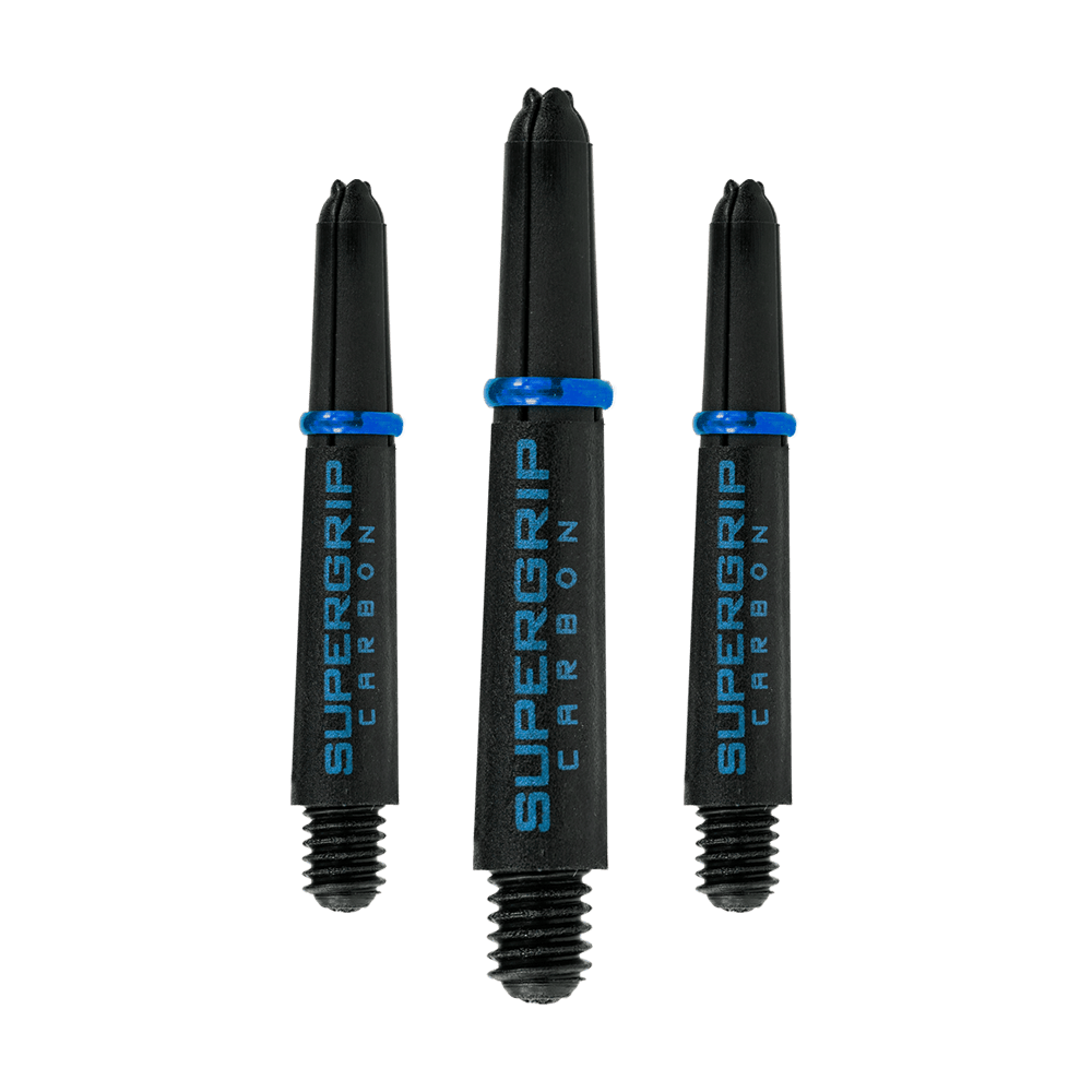 HR363_Harrows_Supergrip_Carbon_Shafts_Aqua_33mm_1wR71flaYlFaPR Das Bild zeigt drei Harrows Supergrip Carbon Shafts in der Farbe Aqua. Die Dartschäfte sind schwarz mit blauer Aufschrift und einem blauen Ring.