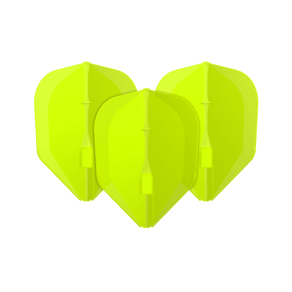L-L-Style3EZ-vluchten Das Bild zeigt drei neon-gelbe Dartflights. Sie stehen nebeneinander und haben eine klassische Pfeilform.