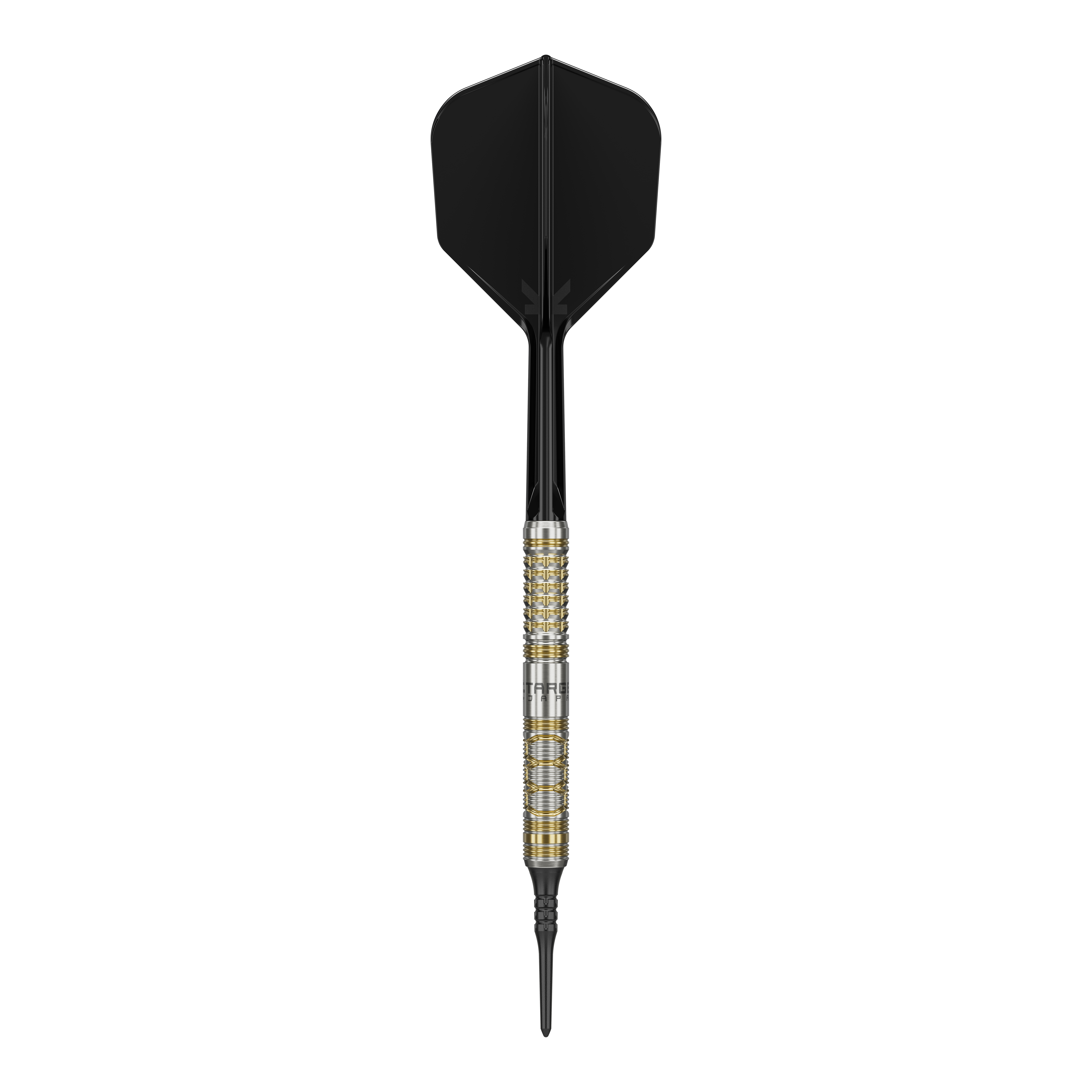 Target Japan Black Marque Reyn GEN2 Soft Darts - 17,5 g Auf dem Bild ist ein Softdartpfeil des Modells "Target Japan Black Marque Reyn GEN2 Softdarts - 17,5g" zu sehen. Er hat eine silberne und goldene Griffzone sowie schwarze Flights und Spitze.