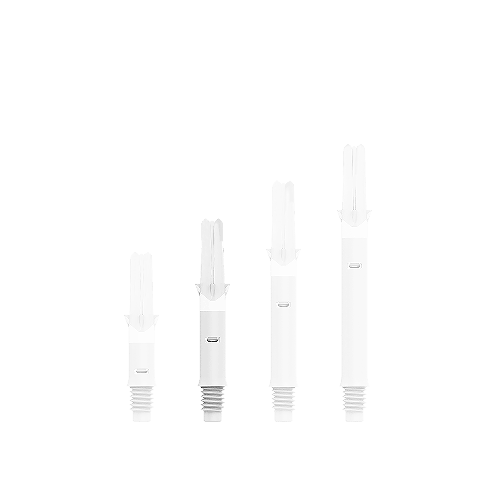 L-L-Style-Shafts Silent Straight - Wit Auf dem Bild sind vier weiße Dartschäfte in unterschiedlichen Längen zu sehen. Sie stehen nebeneinander aufrecht auf gereiht.
