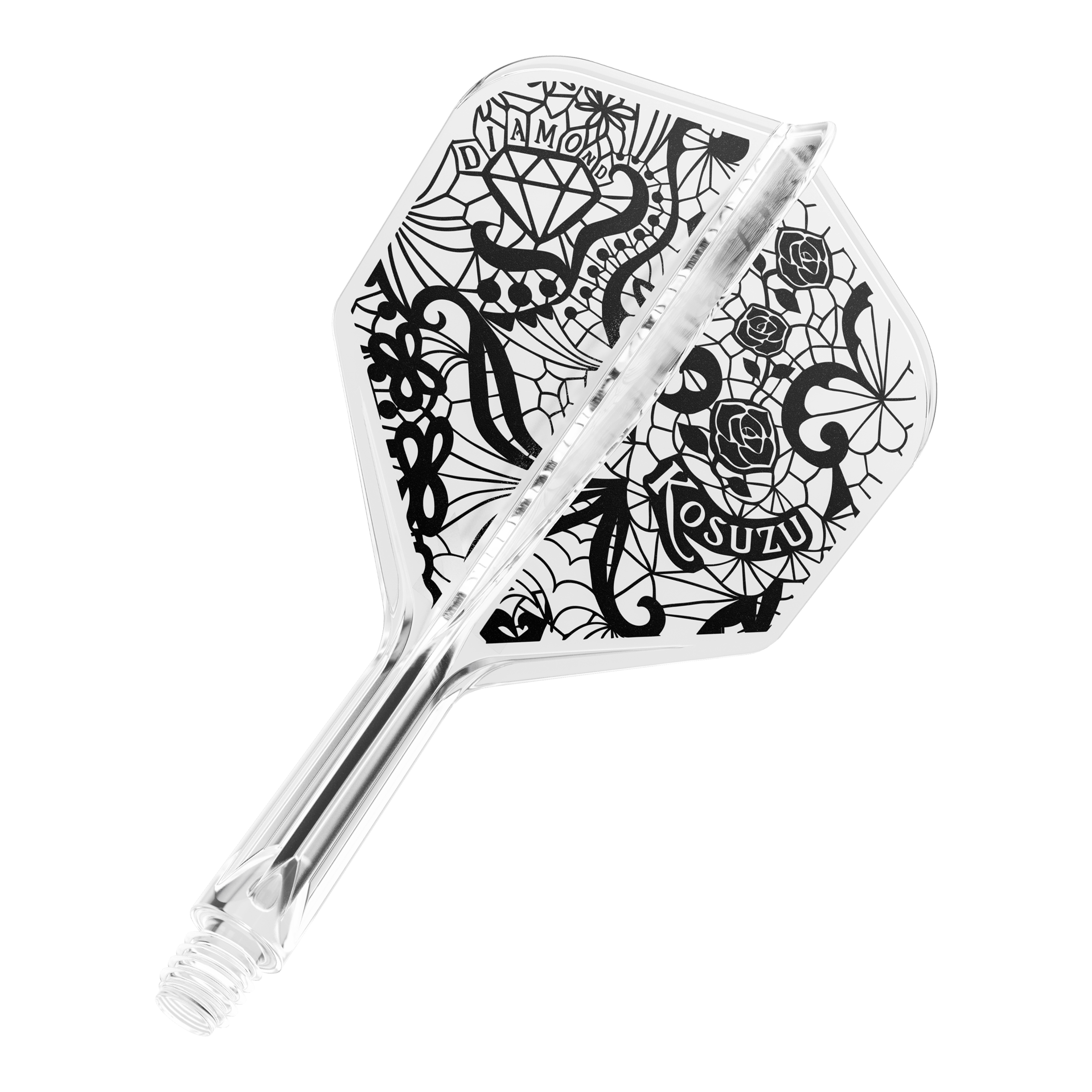 Target Japan K-Flex Diamond No6 Flight Shaft-systeem Dies ist ein klarer Dartflight mit einem schwarzen, kunstvollen Design, das Rosen, ein Diamant und Netzmuster zeigt. Das System ist einteilig und hat ein Schraubgewinde am Ende.