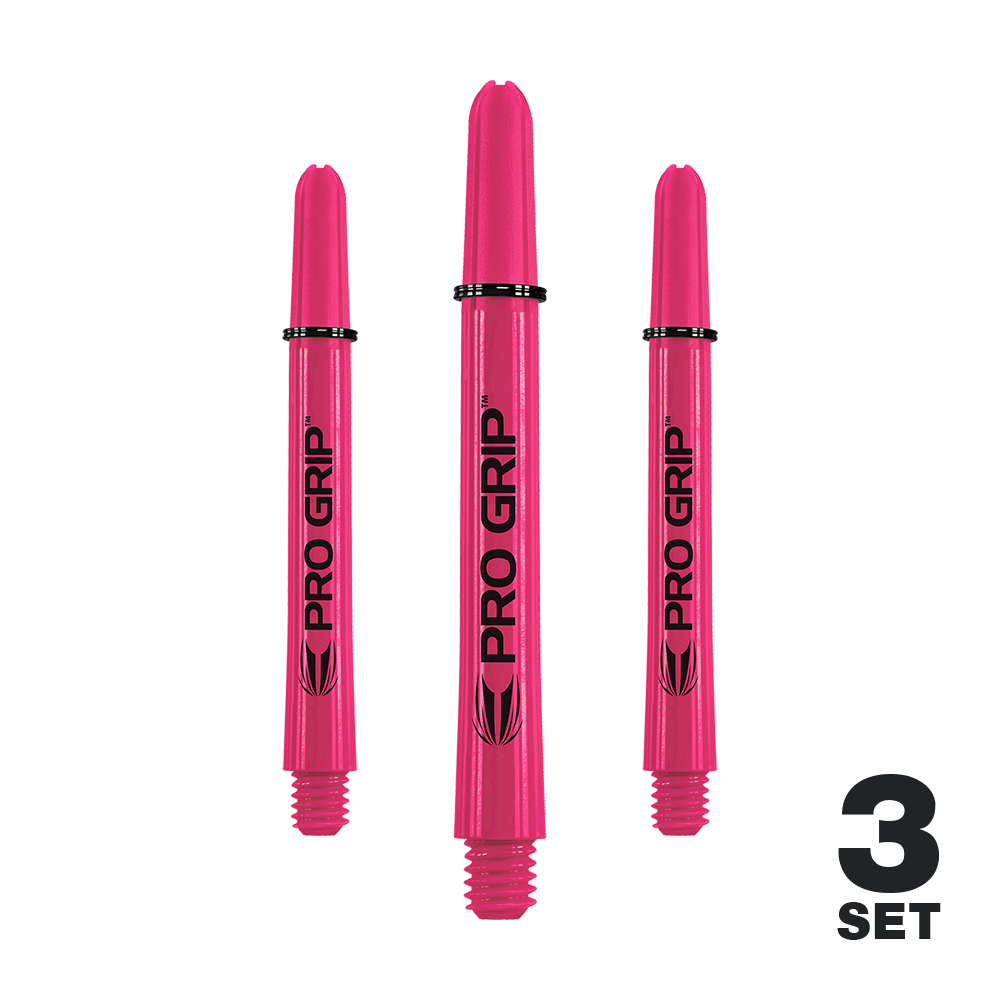 Target Pro Grip Shafts - 3 sets - Roze Das Bild zeigt drei pinke Pro Grip Shafts für Dartpfeile. In der rechten unteren Ecke steht "3 SET".