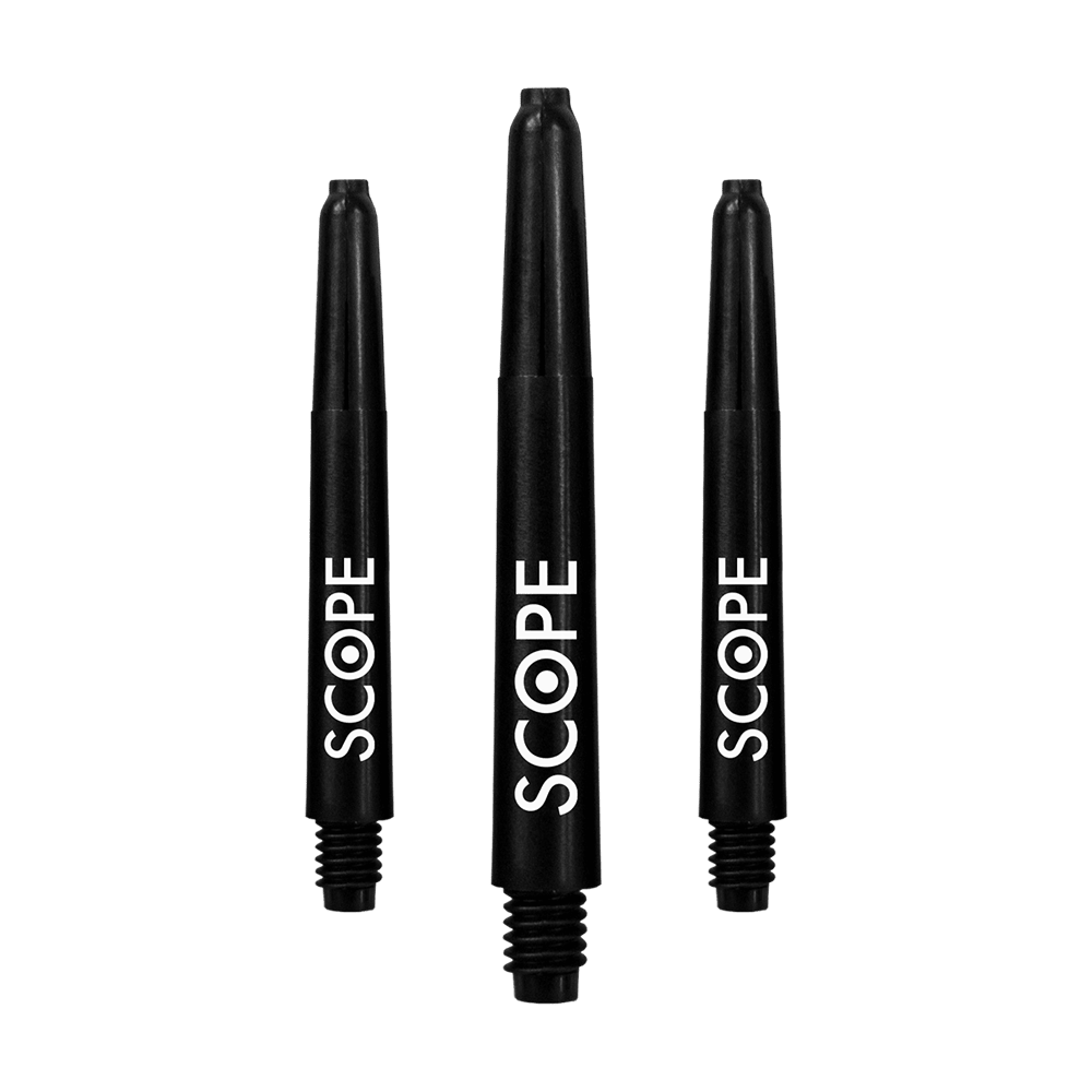 522_McDart_Scope_Nylon_Shafts_Schwarz_41mm_1TpW6mwUFccj0s Das Bild zeigt drei schwarze McDart Scope Nylon Shafts. Auf jedem Schaft steht in weißer Schrift das Wort "SCOPE".