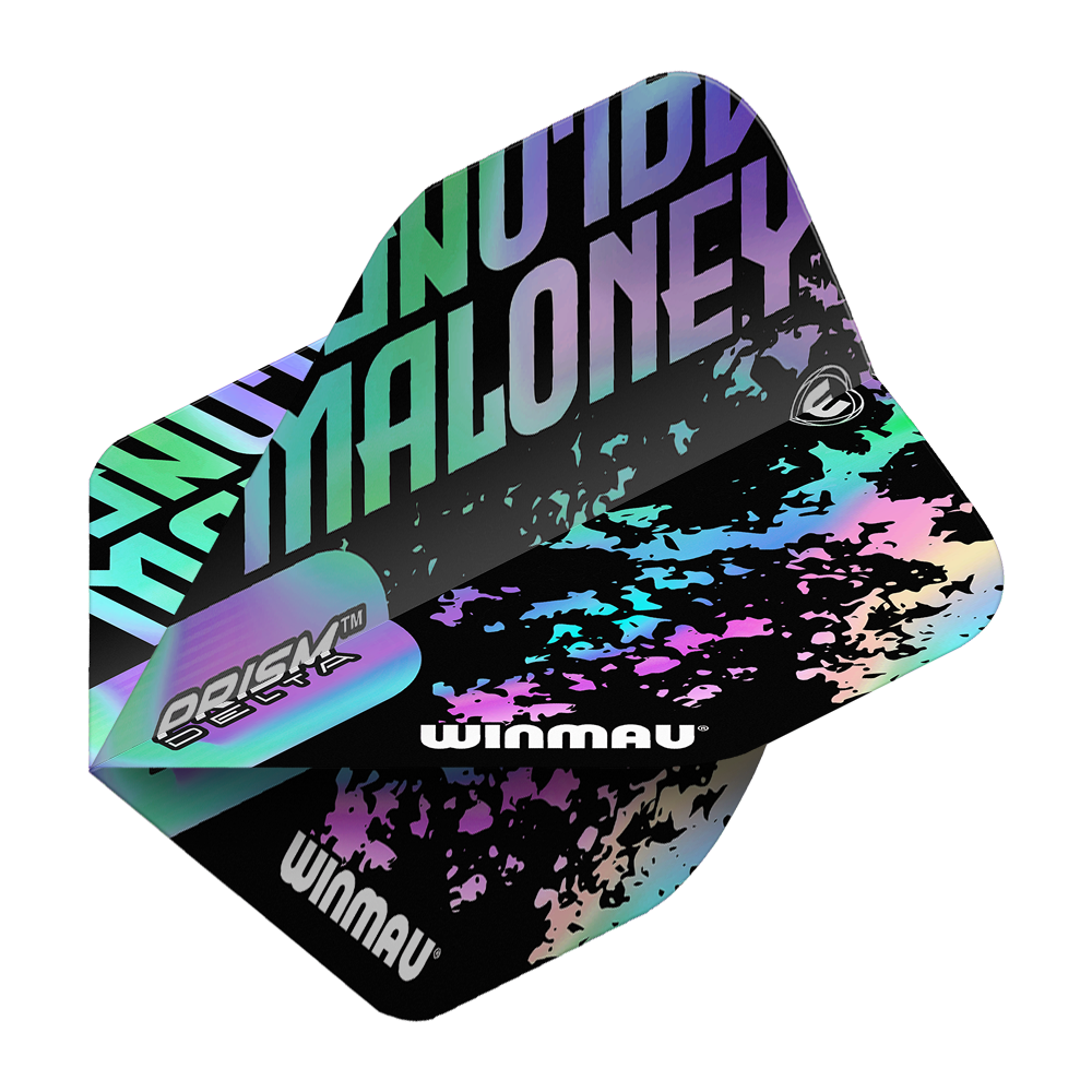 Winmau Prism Delta Mike Maloney Standaardvluchten Das Bild zeigt ein Winmau Prism Delta Mike Maloney Standard Flight. Das Design ist in Schwarz gehalten mit bunten, schimmernden Akzenten und dem Namen "Maloney" in großen Buchstaben.