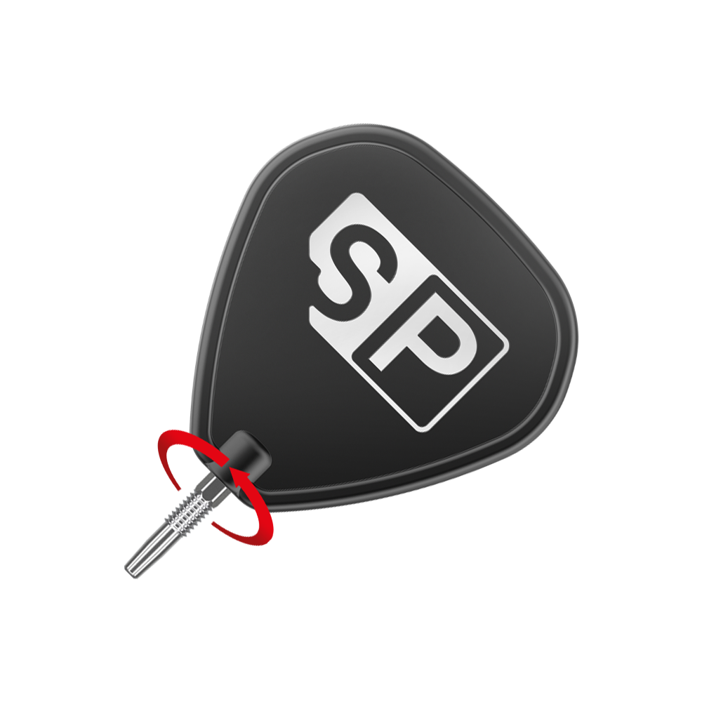 Target Swiss Firepoint Zilveren dartpunten Das Bild zeigt eine schwarze Dartspitze mit der Aufschrift "SP" in Weiß. Neben der Spitze befindet sich ein roter Pfeil, der eine Drehbewegung anzeigt.